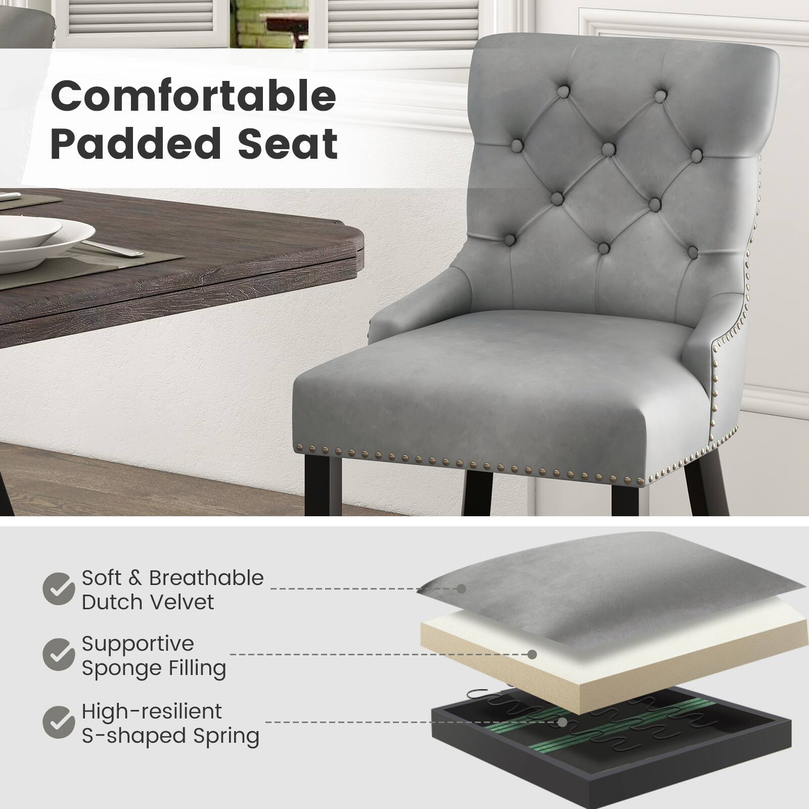 Comfortable Padded Seat

Soft & Breathable Dutch Velvet
Supportive Sponge Filling
High-resilient S-shaped Spring