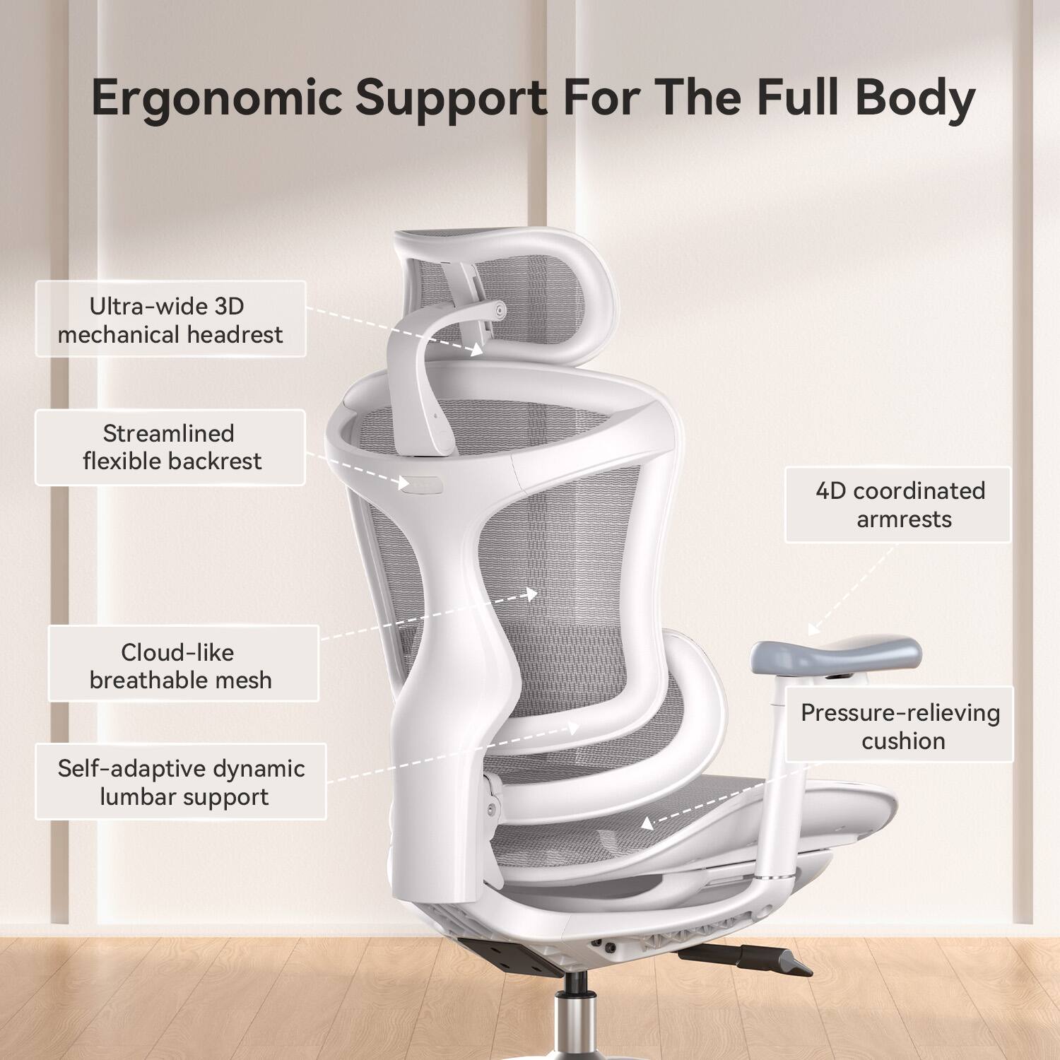 Ergonomic Support For The Full Body

- Ultra-wide 3D mechanical headrest
- Streamlined flexible backrest
- Cloud-like breathable mesh
- Self-adaptive dynamic lumbar support
- 4D coordinated armrests
- Pressure-relieving cushion
