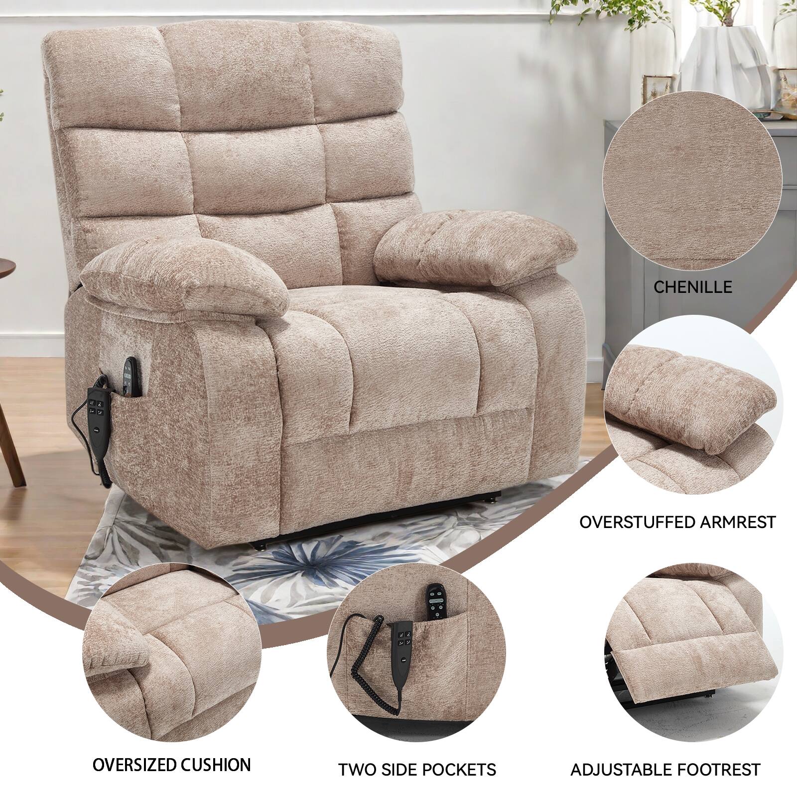 - CHENILLE
- OVERSTUFFED ARMREST
- OVERSIZED CUSHION
- TWO SIDE POCKETS
- ADJUSTABLE FOOTREST