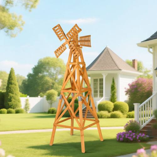 Alt View 6. Winado - Wooden Windmill 6 FT Backyard Garden 2-Layer Weathervane with Windmill Head for Outdoor Garden - Teak.