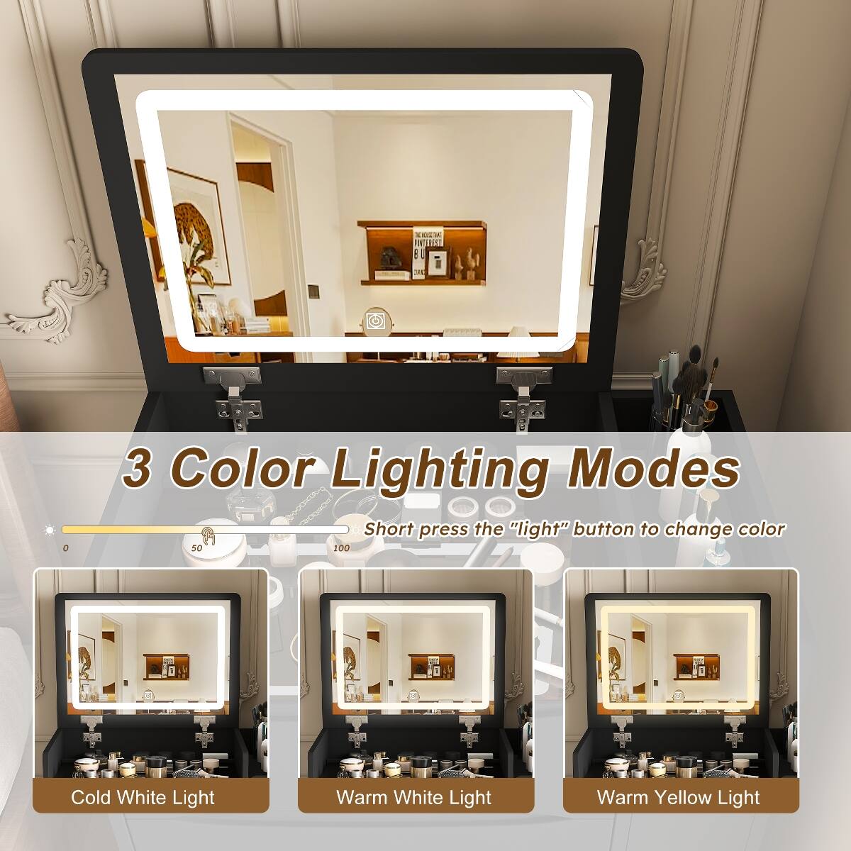 INTEREST BU
DAND

3 Color Lighting Modes
Short press the "light" button to change color

50 100
Cold White Light
Warm White Light
Warm Yellow Light