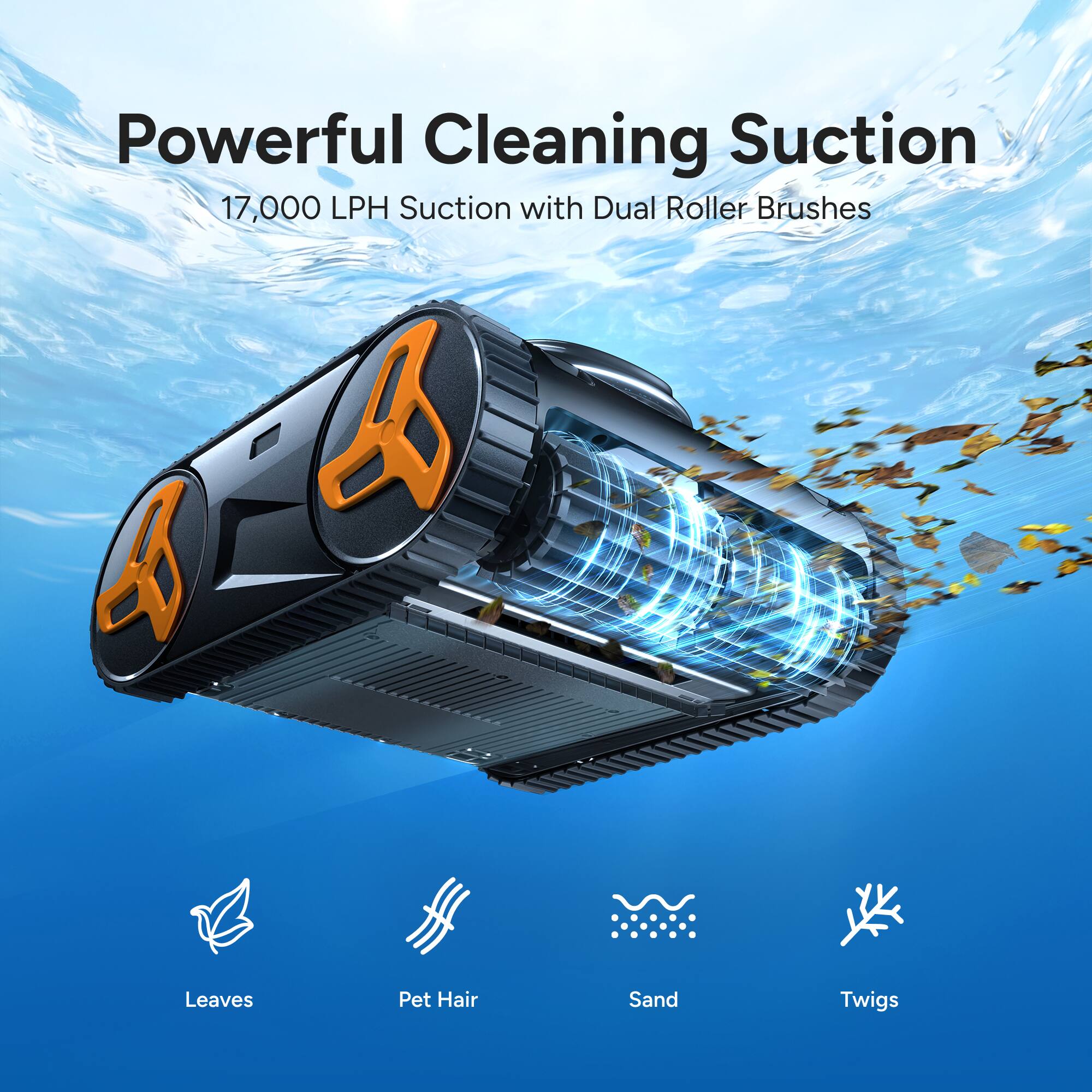 Powerful Cleaning Suction  
17,000 LPH Suction with Dual Roller Brushes  
Leaves Pet Hair Sand Twigs