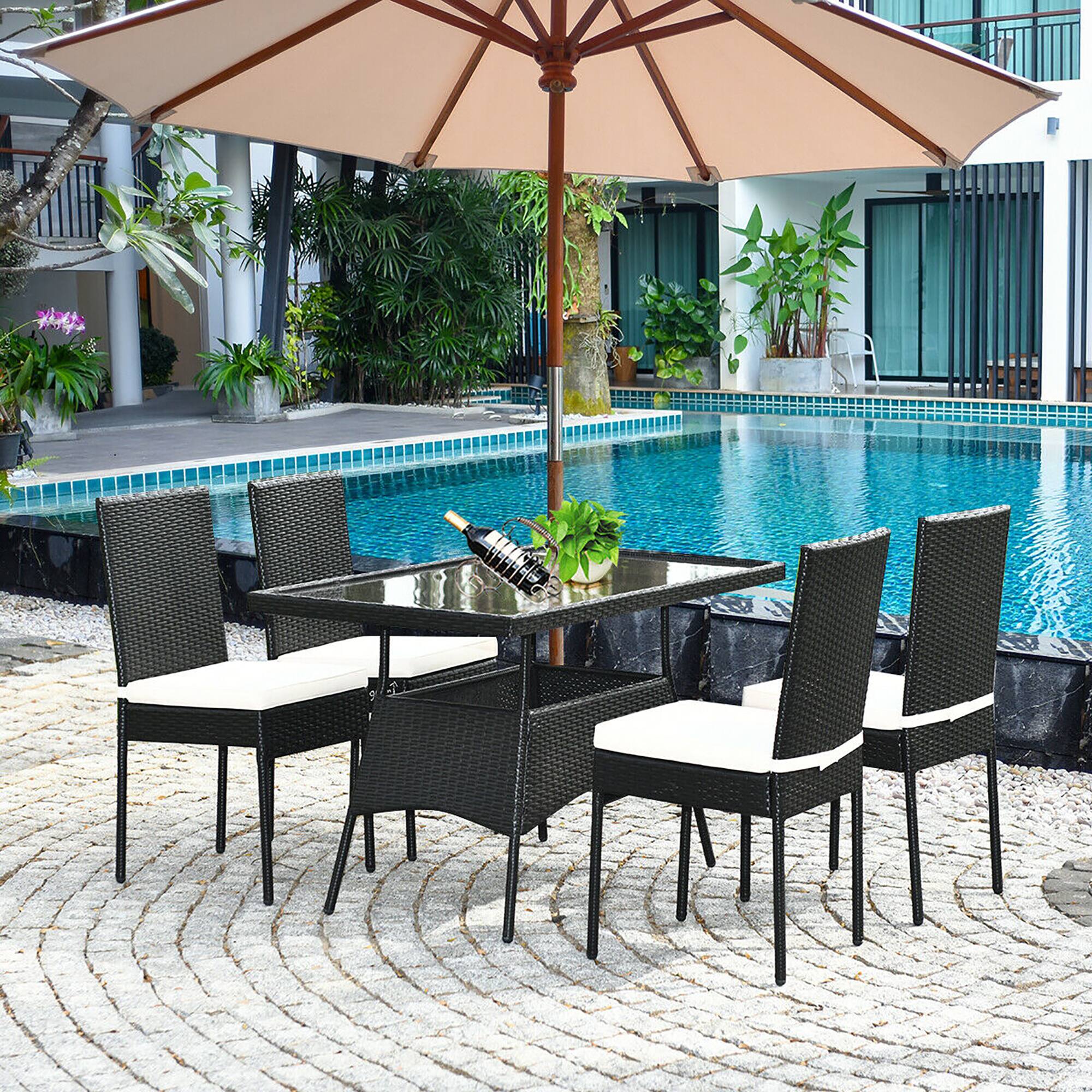 Alt View 4. Costway - 5PCS Patio Rattan Dining Set Cushioned Chair Table w/Glass Top Garden Furniture - Black,White.
