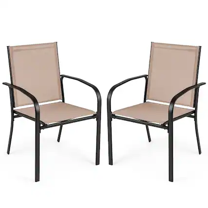 Front. Gymax - Gymax Outdoor Dining Chairs Set of 2 w/ Breathable Fabric Armrests High Back - Coffee, Black.