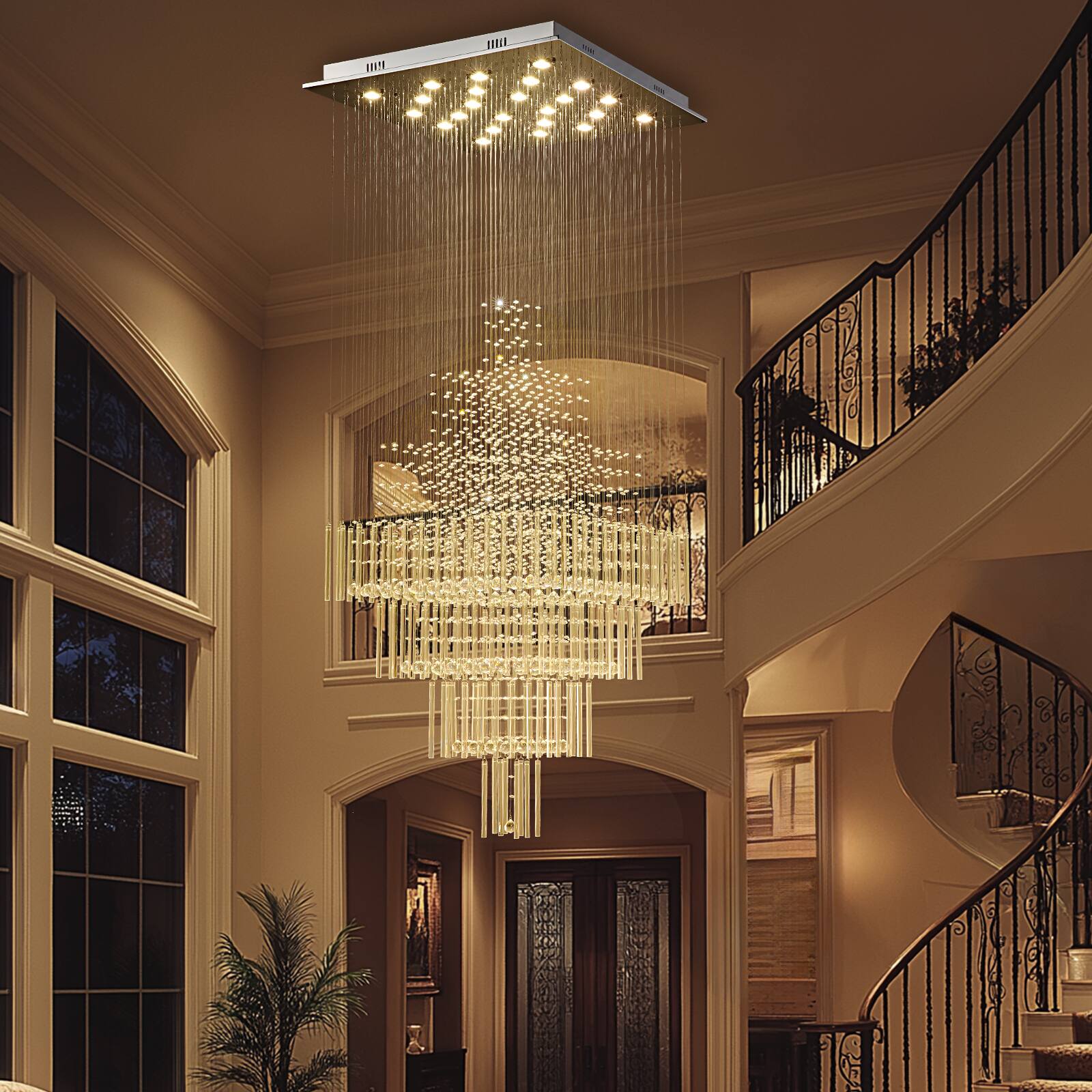 Back. Siljoy - 31.5-Inch Modern Minimalist Square Layered Glass Chandelier with K9 Clear Handmade Crystal for Stairwells and Foyers - Chrome.