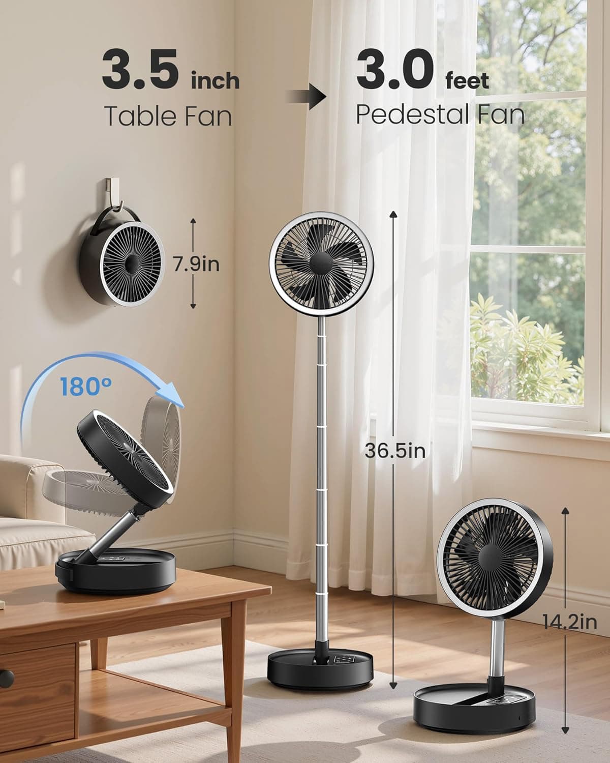 3.5 inch Table Fan  
3.0 feet Pedestal Fan  
7.9in  
180°  
36.5in  
14.2in