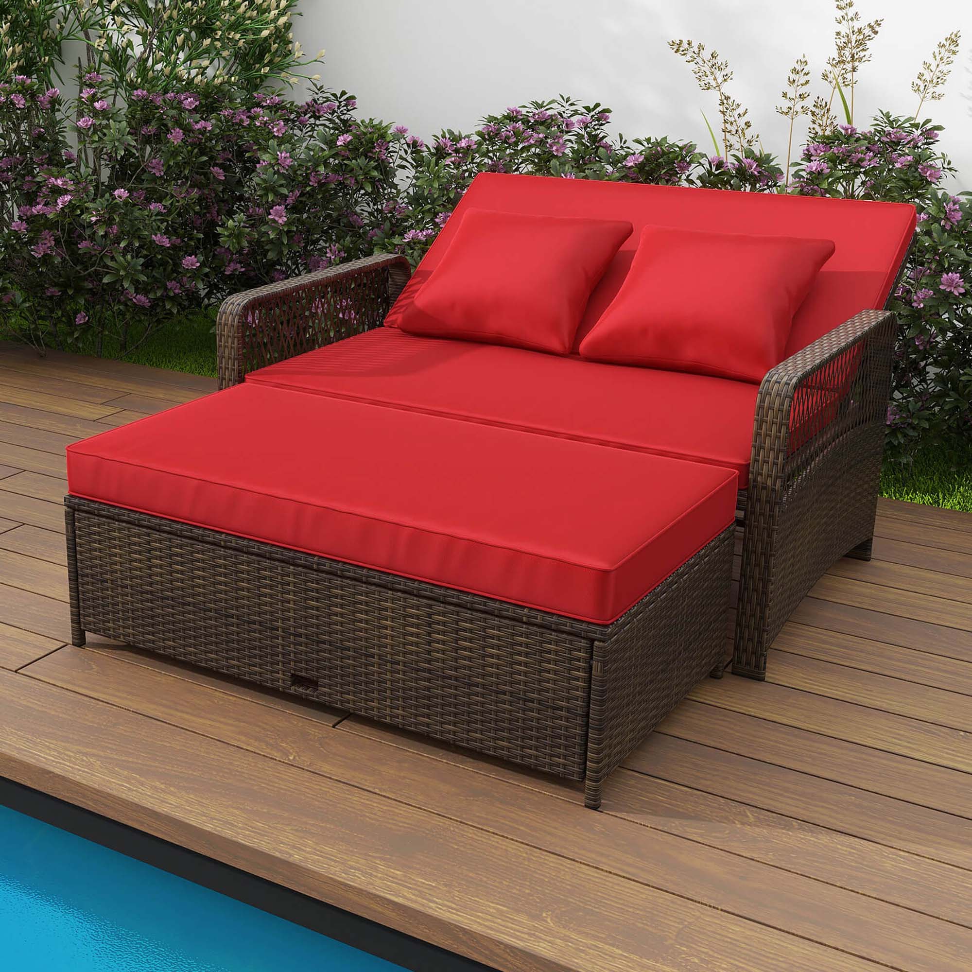 Alt View 3. Costway - Patio Rattan Daybed Wicker Loveseat Sofa with Multifunctional Ottoman - Mix Brown + Red.