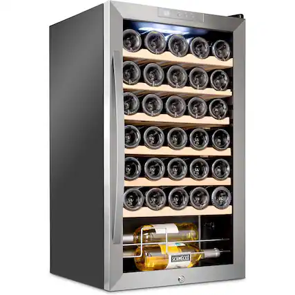 Front. Schmecke - 34 Bottle Compressor Wine Refrigerator, Freestanding Wine Cooler with Lock, Stainless Steel - Stainless Steel.
