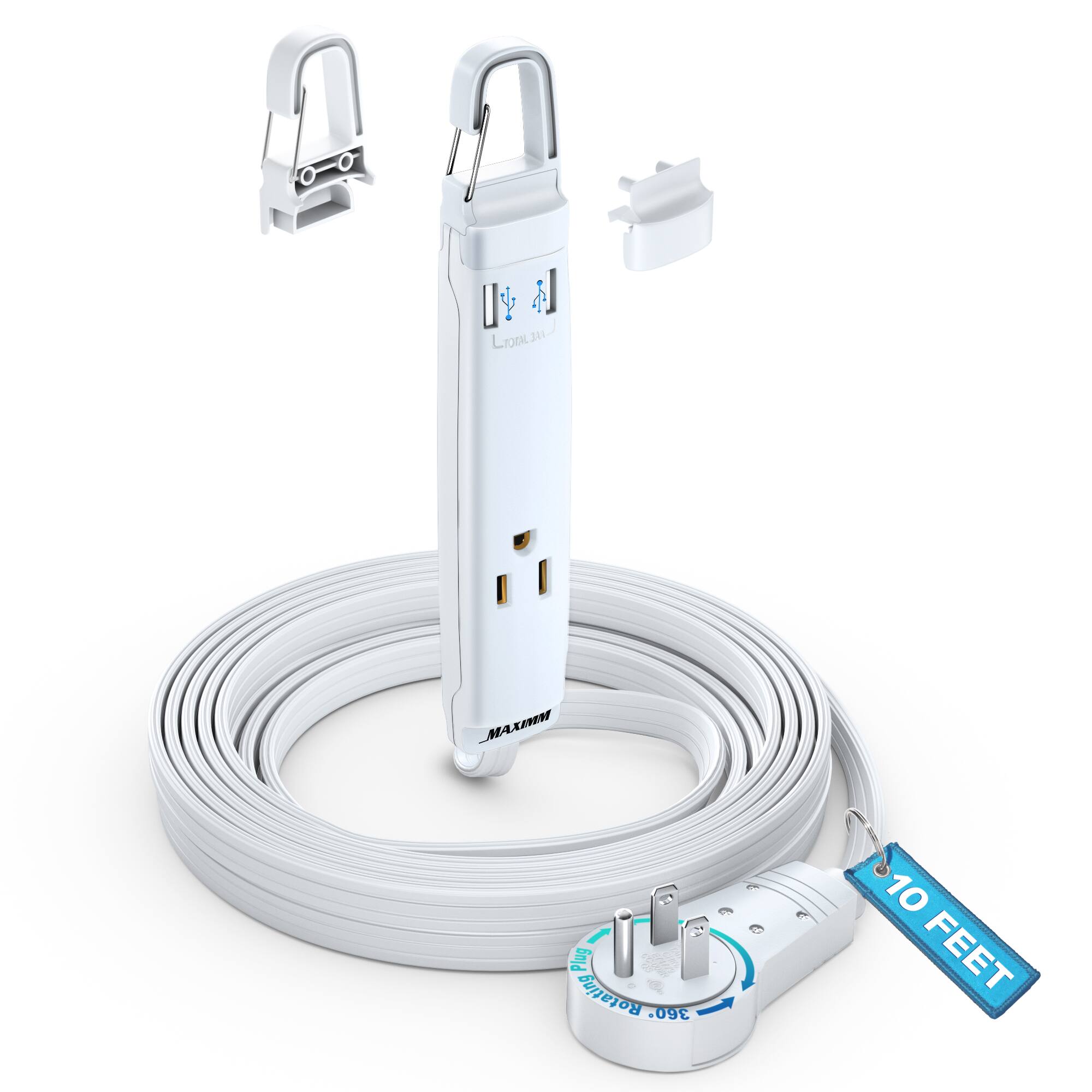 Maximm - 360° Rotating Flat Plug Extension Cord with USB Ports and a Removable Hook 12 ft (16 Gauge) UL Certified - White