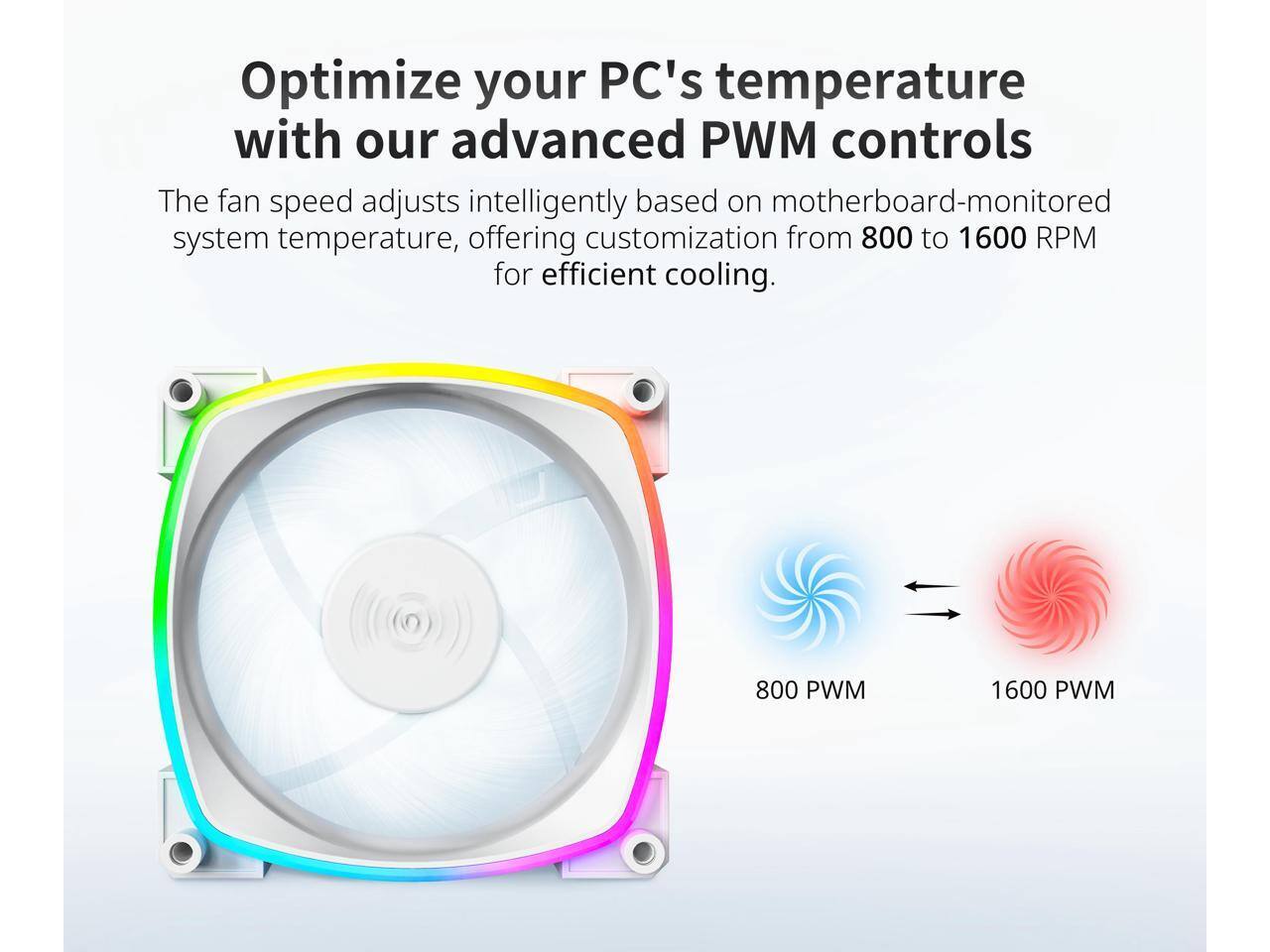 Optimize your PC's temperature with our advanced PWM controls

The fan speed adjusts intelligently based on motherboard-monitored system temperature, offering customization from 800 to 1600 RPM for efficient cooling.

800 PWM 1600 PWM