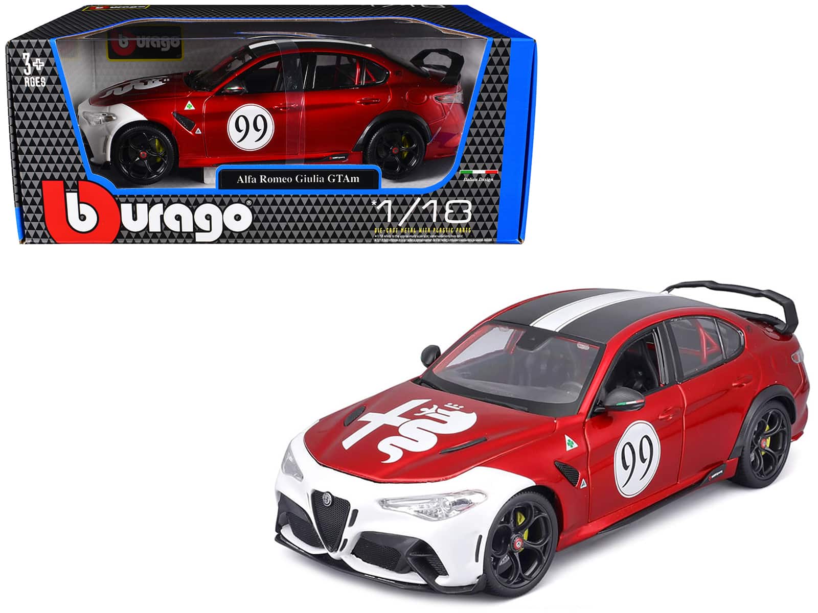 3+ AGES  
b urago  
Alfa Romeo Giulia GTAm  
1/18  
99  
Pale Catas d'urago  
IL-CASA BLIAL AALL PEASTIC PARIS  
#E-LASE_NETALMIEA_PLASTIC/OOAIS