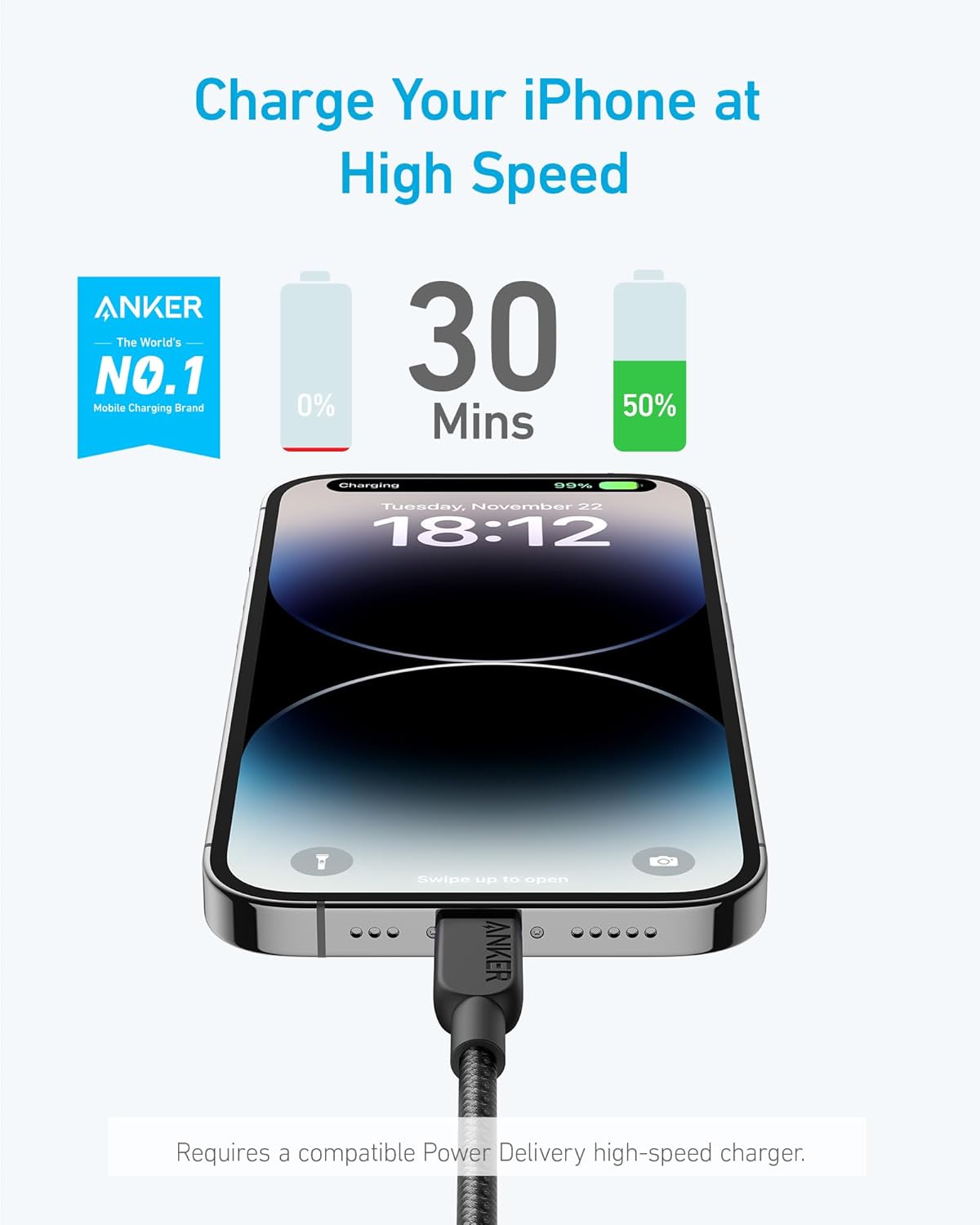 Charge Your iPhone at High Speed

ANKER NO.1 The World's 30 Mobile Charging Brand

30 Mins

0% 50%

Tuesday, November 22 18:12

Swipe up to open

Requires a compatible Power Delivery high-speed charger.