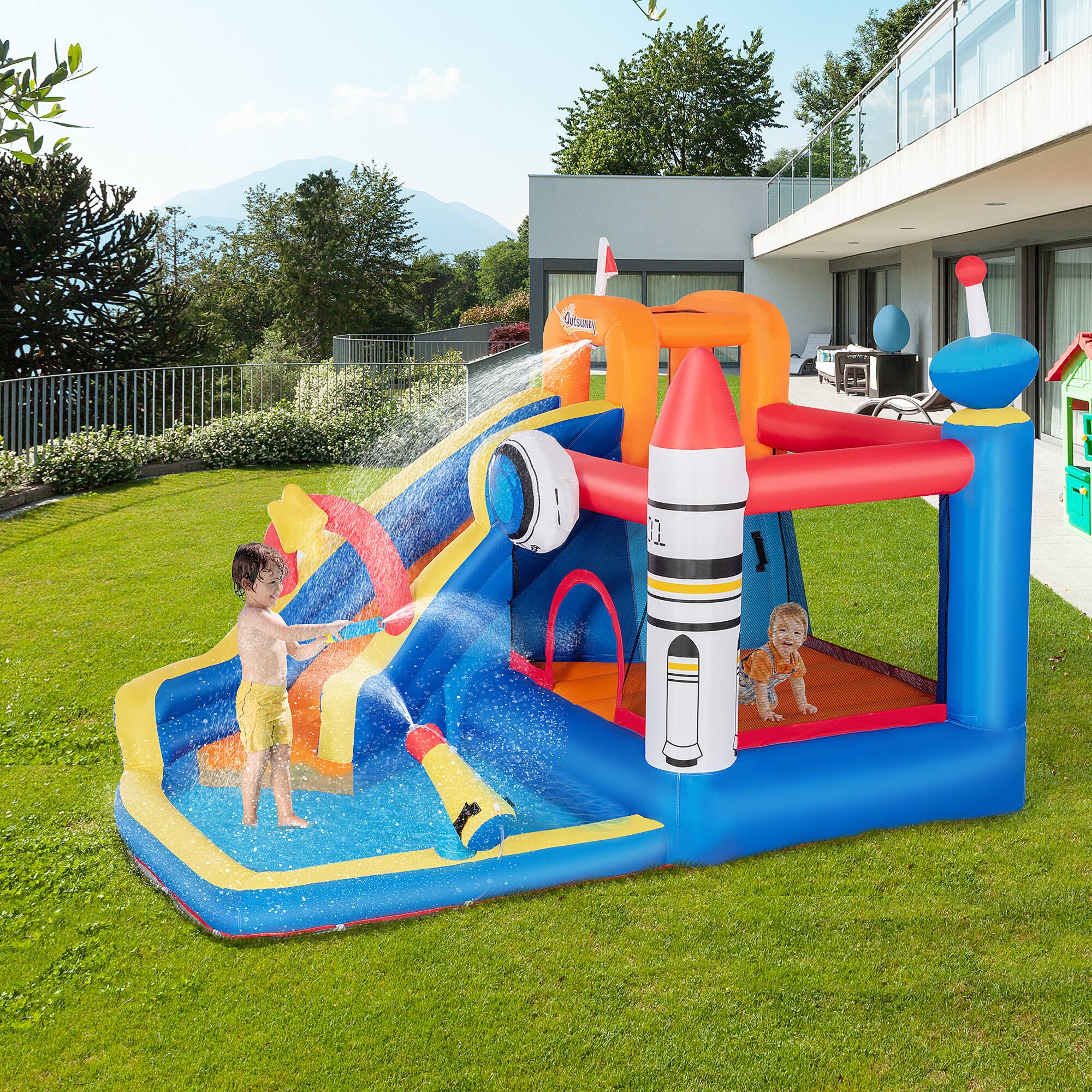 Angle. Outsunny - Kids Bounce House, Slide, Pool, Water Cannon, Climbing Wall, Backyard, Outdoor Water Toy.
