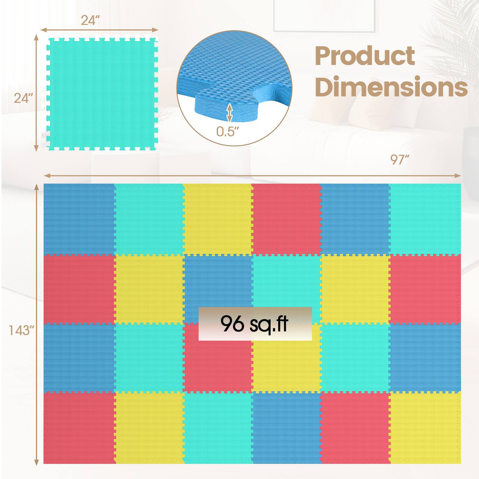 24" x 24" Product Dimensions 0.5" 97" x 143" 96 sq.ft
