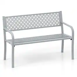 Costway - 50" Outdoor Garden Bench with Geometric Lattice Backrest Armrests and Slatted Seat - Gray