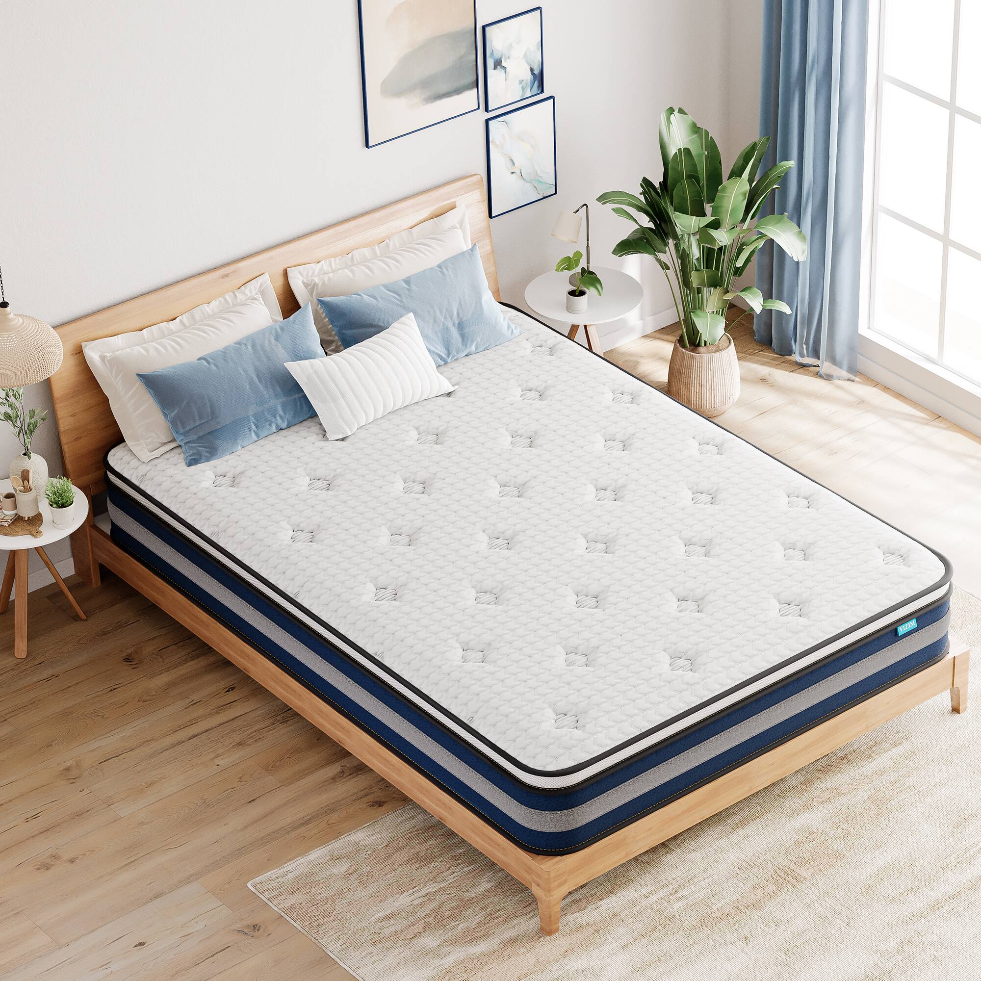 Left. Bestier - 12" Medium Firm Hybrid Comfort Memory Foam Mattressfor Pressure Relief - White & Blue & Black.
