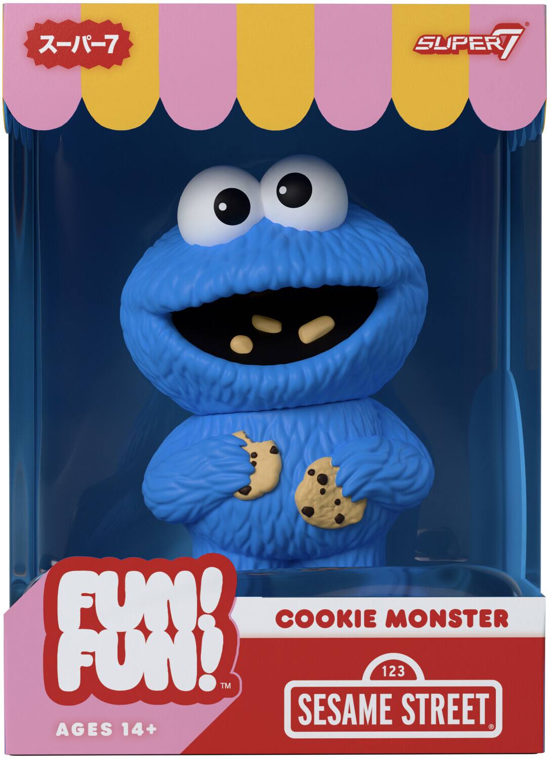 Sure, here is the corrected and grouped text from the image:

- スーパー7 (Super 7)
- FUN! FUN!™
- AGES 14+
- COOKIE MONSTER
- 123 SESAME STREET
- SUPER 7