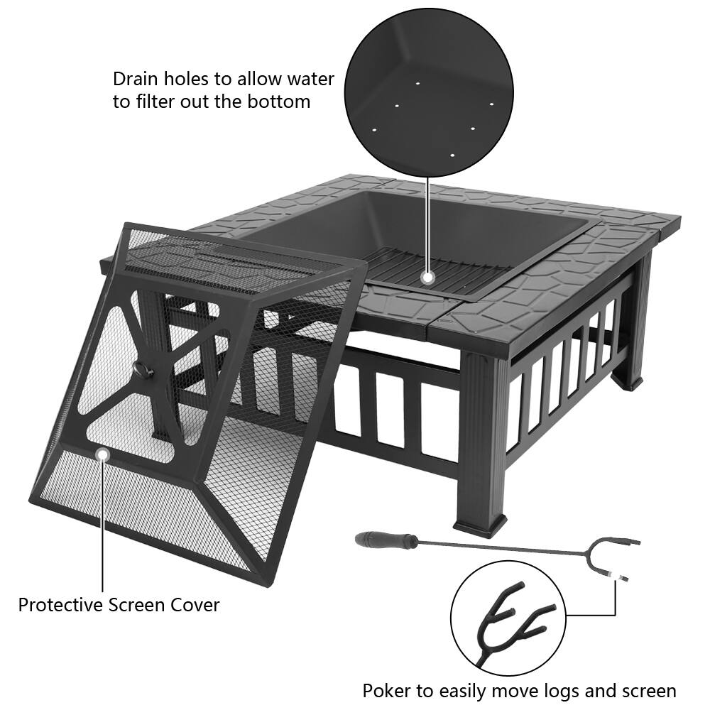 - Drain holes to allow water to filter out the bottom
- Protective Screen Cover
- Poker to easily move logs and screen