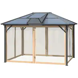 Outsunny - 10' x 12' Hardtop Gazebo Canopy with Polycarbonate Roof, Aluminum Frame, Permanent Pavilion Outdoor Gazebo with Netting - Gray