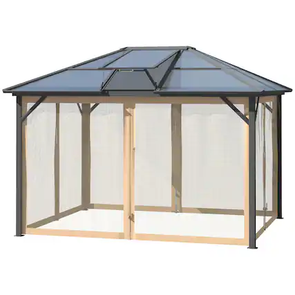 Front. Outsunny - 10' x 12' Hardtop Gazebo Canopy with Polycarbonate Roof, Aluminum Frame, Permanent Pavilion Outdoor Gazebo with Netting - gray.