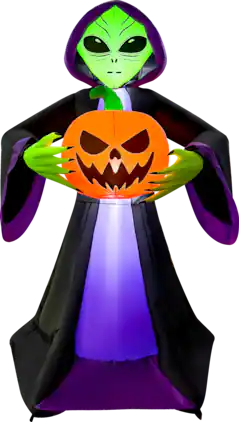 GOOSH Inflatables - GOOSH 8FT Inflatable Alien Holding Pumpkin – Light-Up Halloween Yard Decoration - Black