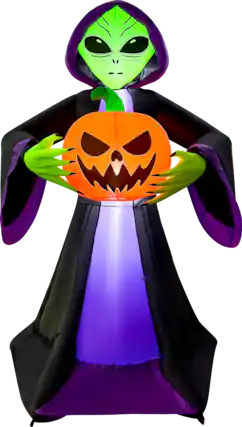 Front. GOOSH Inflatables - GOOSH 8FT Inflatable Alien Holding Pumpkin – Light-Up Halloween Yard Decoration - Black.
