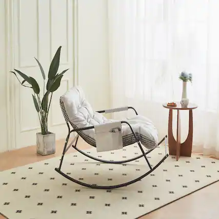 Front. Loheer - Loheer White Rocking Chair Boucle Reclining Chair Modern Accent Chair for Nursery Living Room - White.
