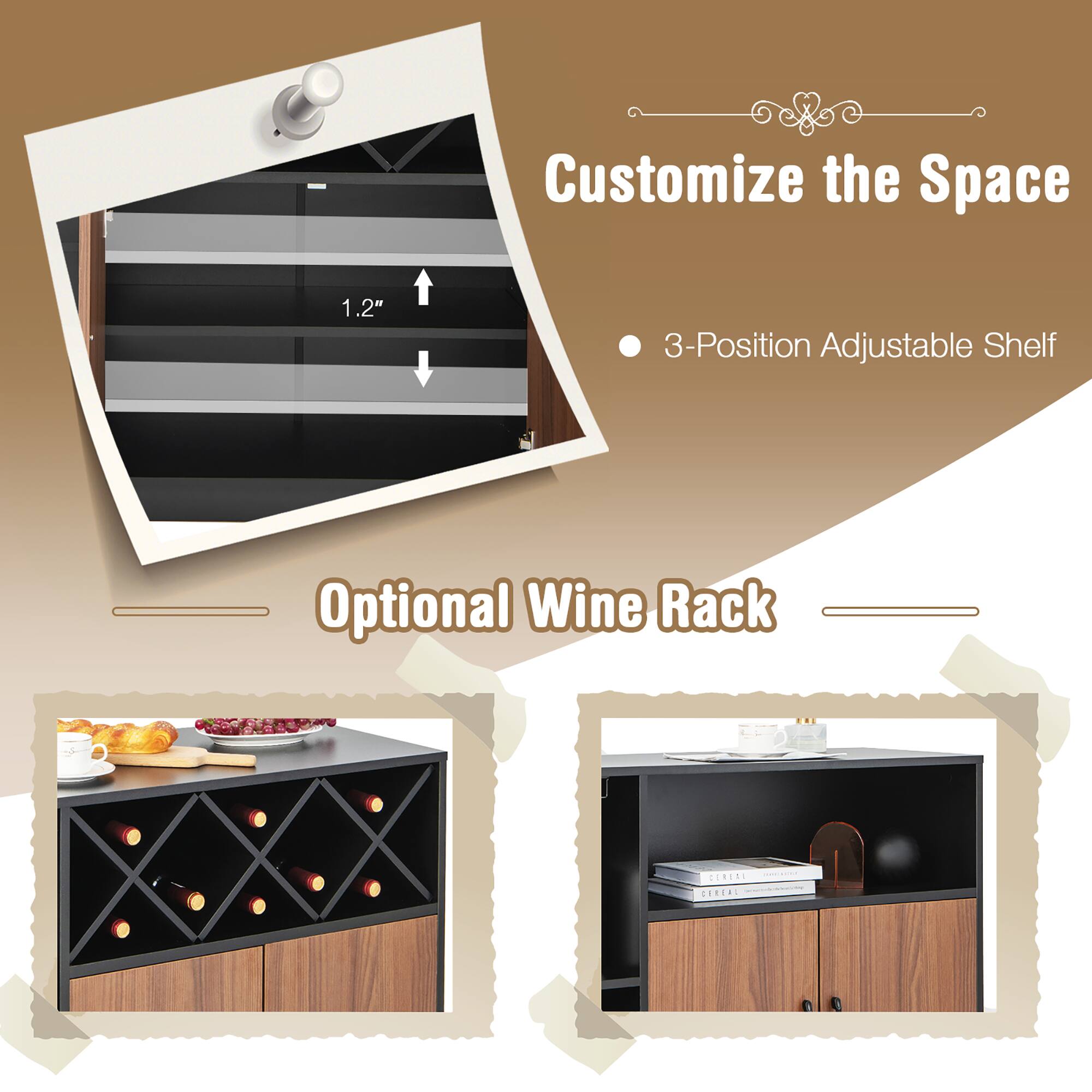 Customize the Space: 1.2" 3-Position Adjustable Shelf Optional Wine Rack Ceresi Cereal
