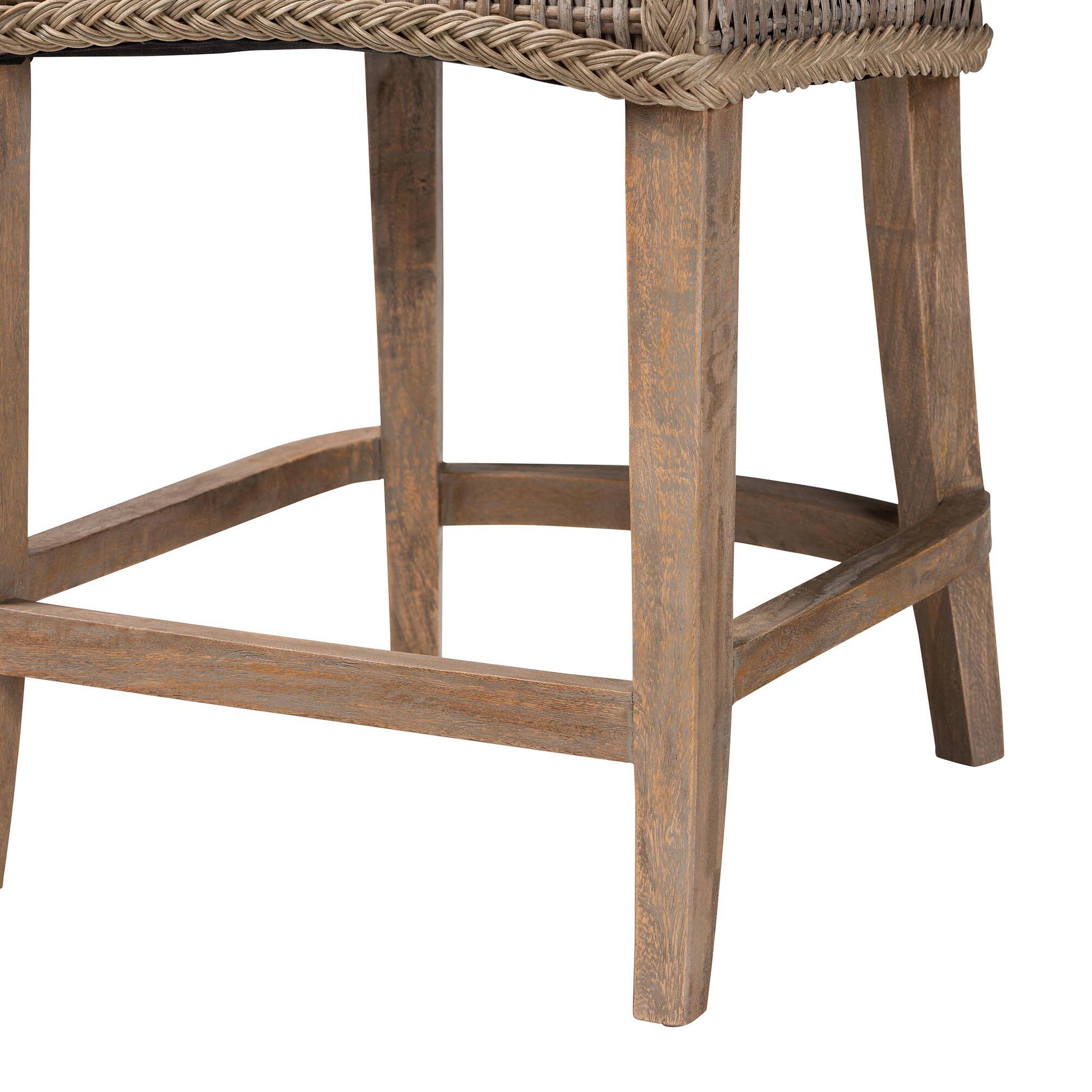 Alt View 2. bali & pari - Derris Natural Rattan Counter Stool with Cushion - Tall Wingback Stool with Solid Mango Wood Legs and Footrest - Greywashed.