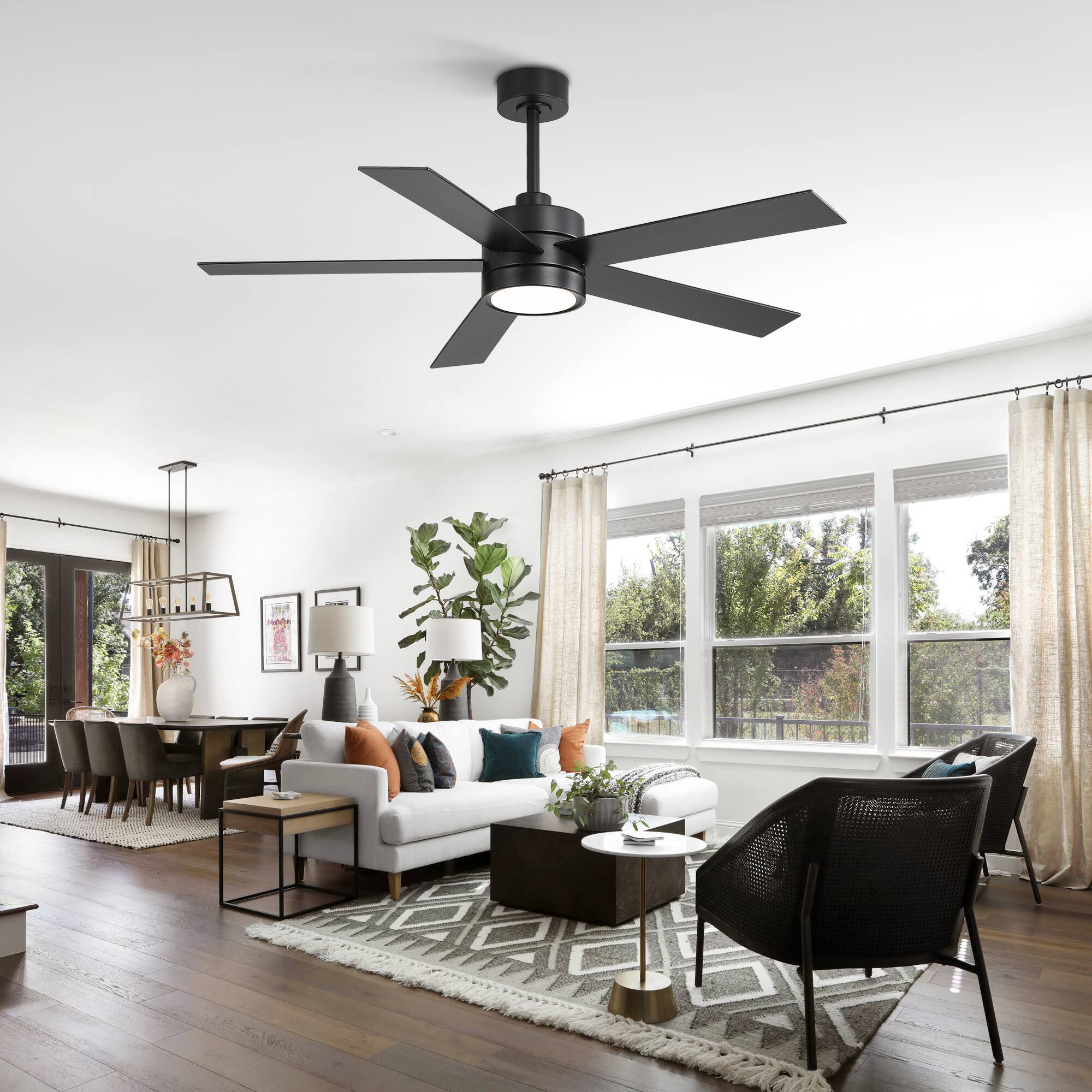 Alt View 1. Breezary - 52-In Indoor Ceiling Fan with Led Light, 5 Plywood Blades, 6-Speed DC Motor, Remote, Timer with Memory, 5/10'' Downrods - Black.