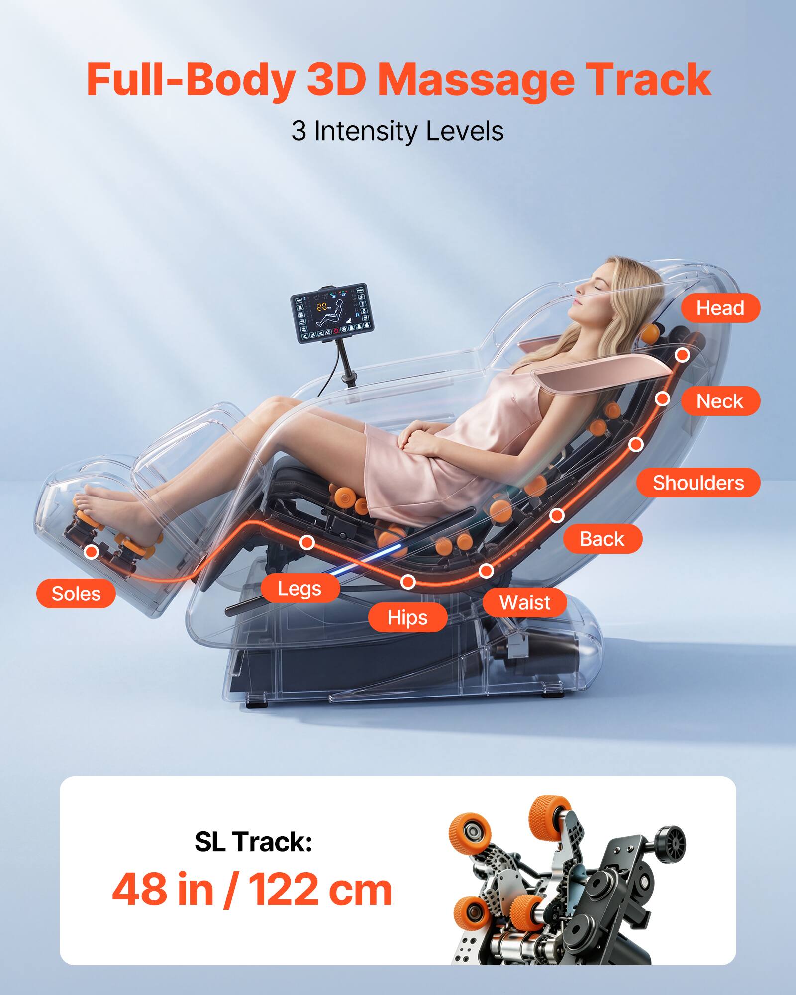 Full-Body 3D Massage Track  
3 Intensity Levels  

Head  
Neck  
Shoulders  
Back  
Soles  
Legs  
Hips  
Waist  

SL Track: 48 in / 122 cm