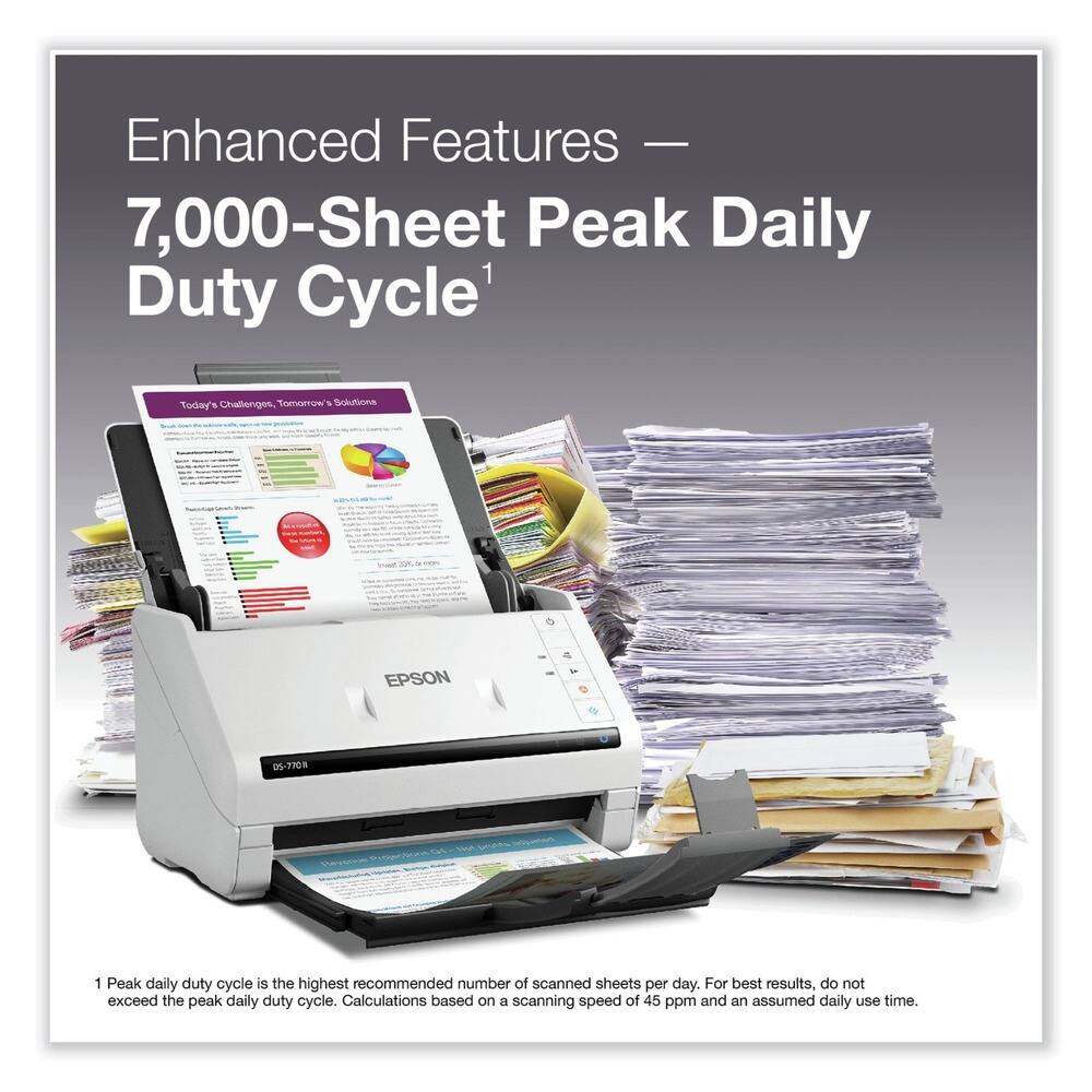 Enhanced Features —  
7,000-Sheet Peak Daily Duty Cycle¹

Today's Challenges, Tomorrow's Solutions

1 Peak daily duty cycle is the highest recommended number of scanned sheets per day. For best results, do not exceed the peak daily duty cycle. Calculations based on a scanning speed of 45 ppm and an assumed daily use time.