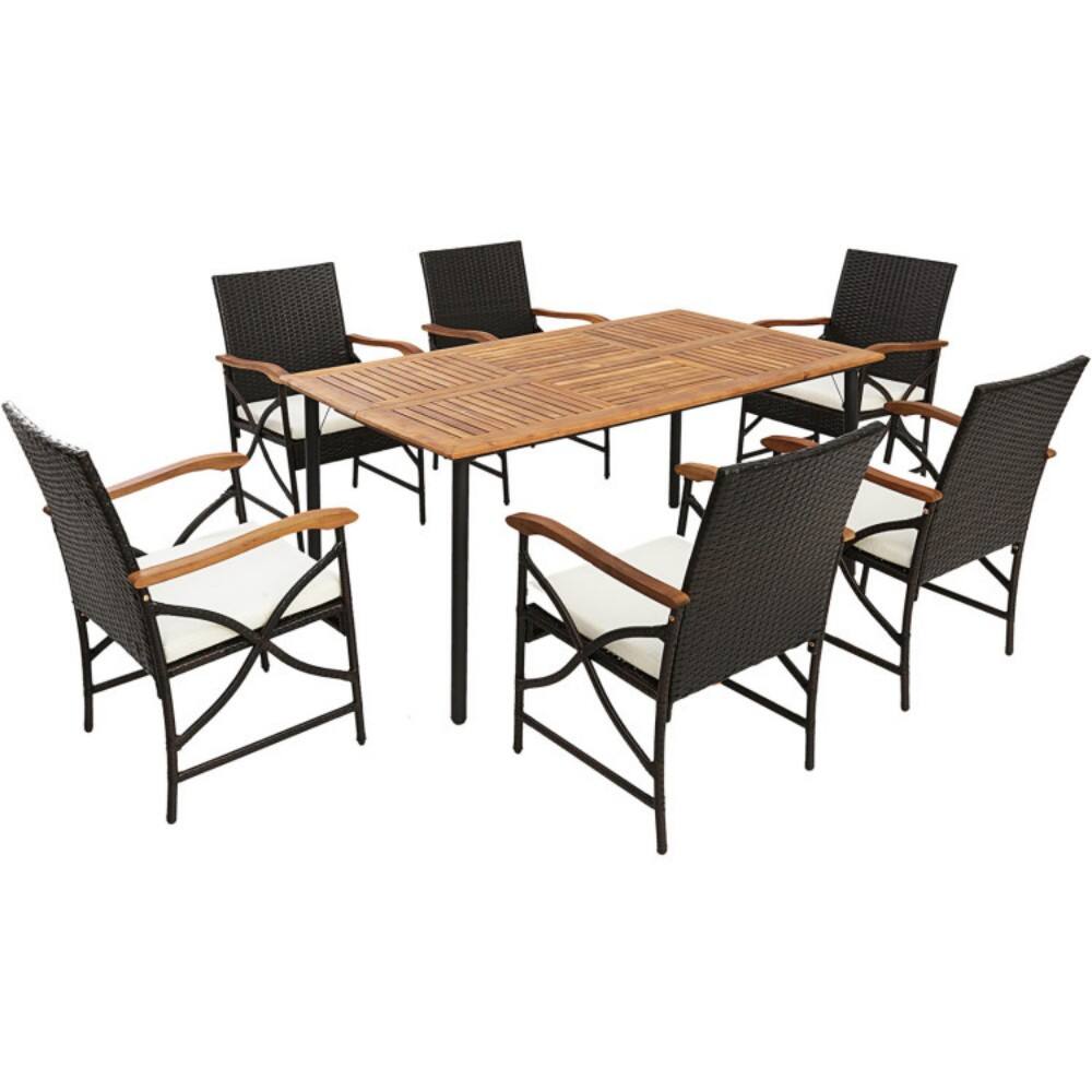 Mondawe - 5/7-Piece Outdoor Dining Set with Acacia Wood Table - Natural+Black+Mix Brown