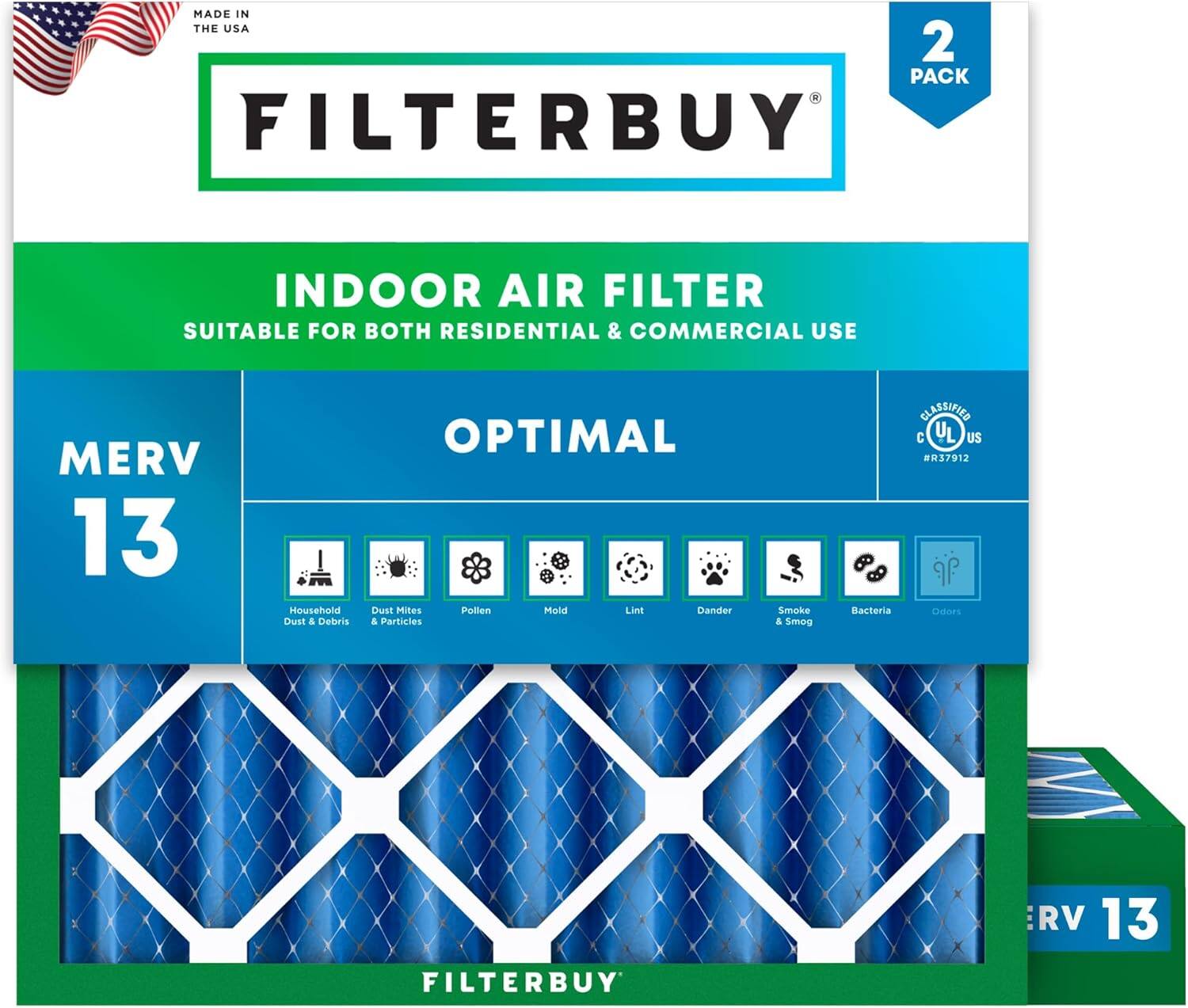 Filterbuy - 11.25x11.25x4 MERV 13 Smoke & Allergy Defense, Electrostatic Pleated HVAC AC Furnace Air Filters Replacement (2-Pack) - Blue