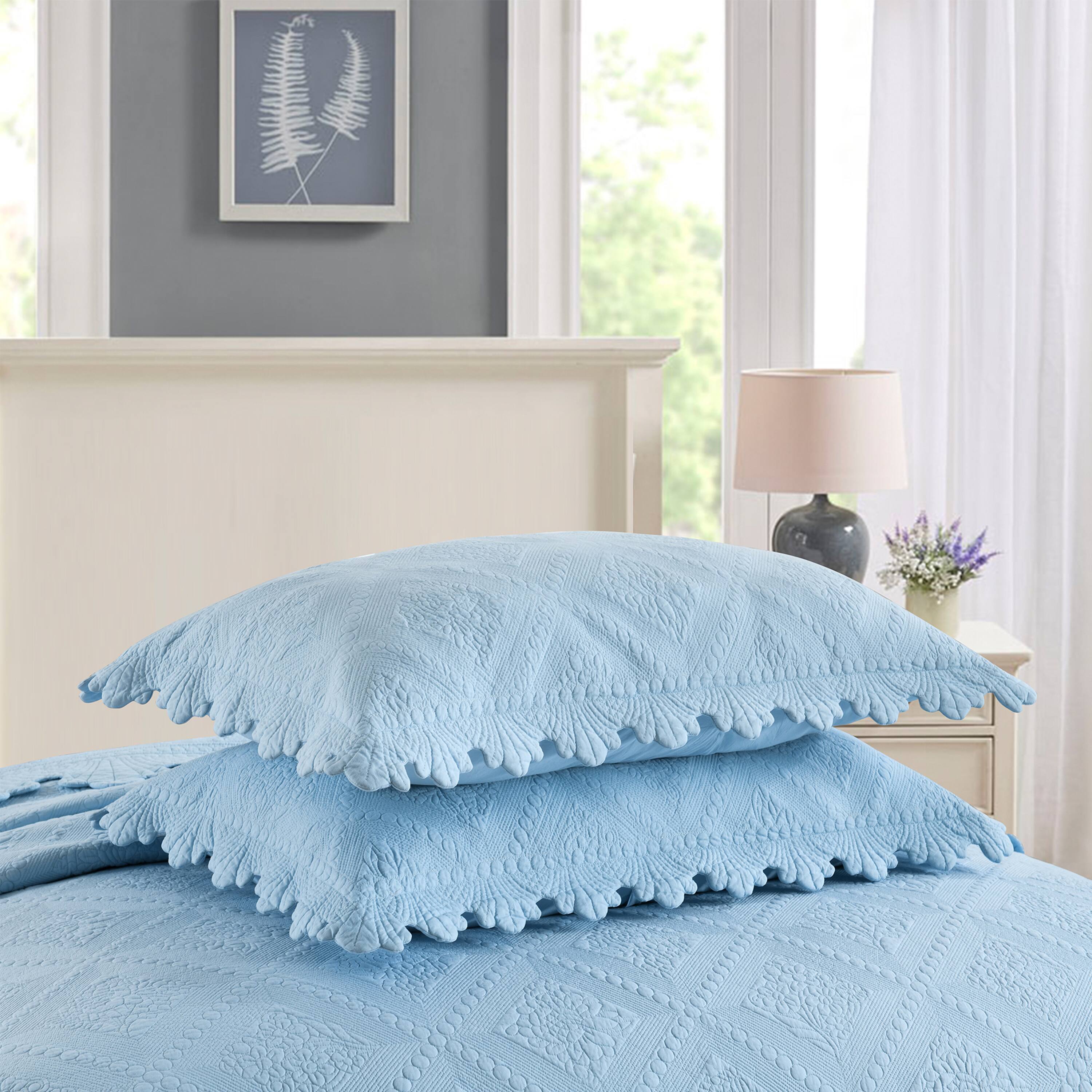 Back. MarCielo - Marcielo 3 Piece 100% Cotton Oversized Bedspread Lightweight Quilt Bedspread Set - Light Blue.