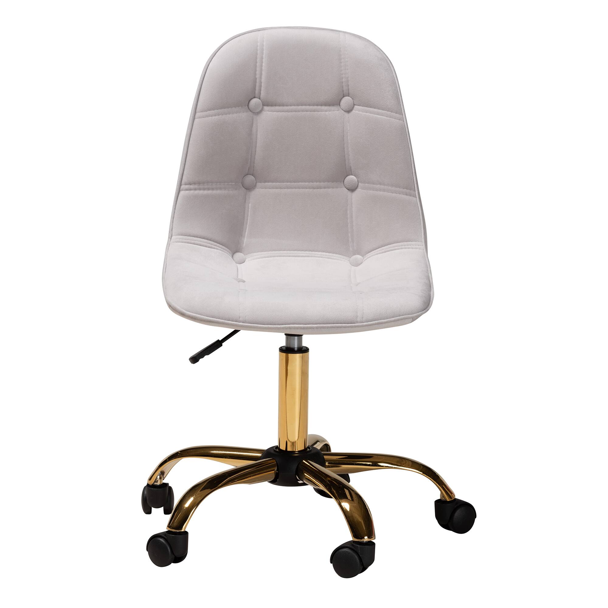 Angle. Baxton Studio - Kabira Contemporary Glam and Luxe Velvet Fabric and Metal Swivel Office chair - Grey/Gold.