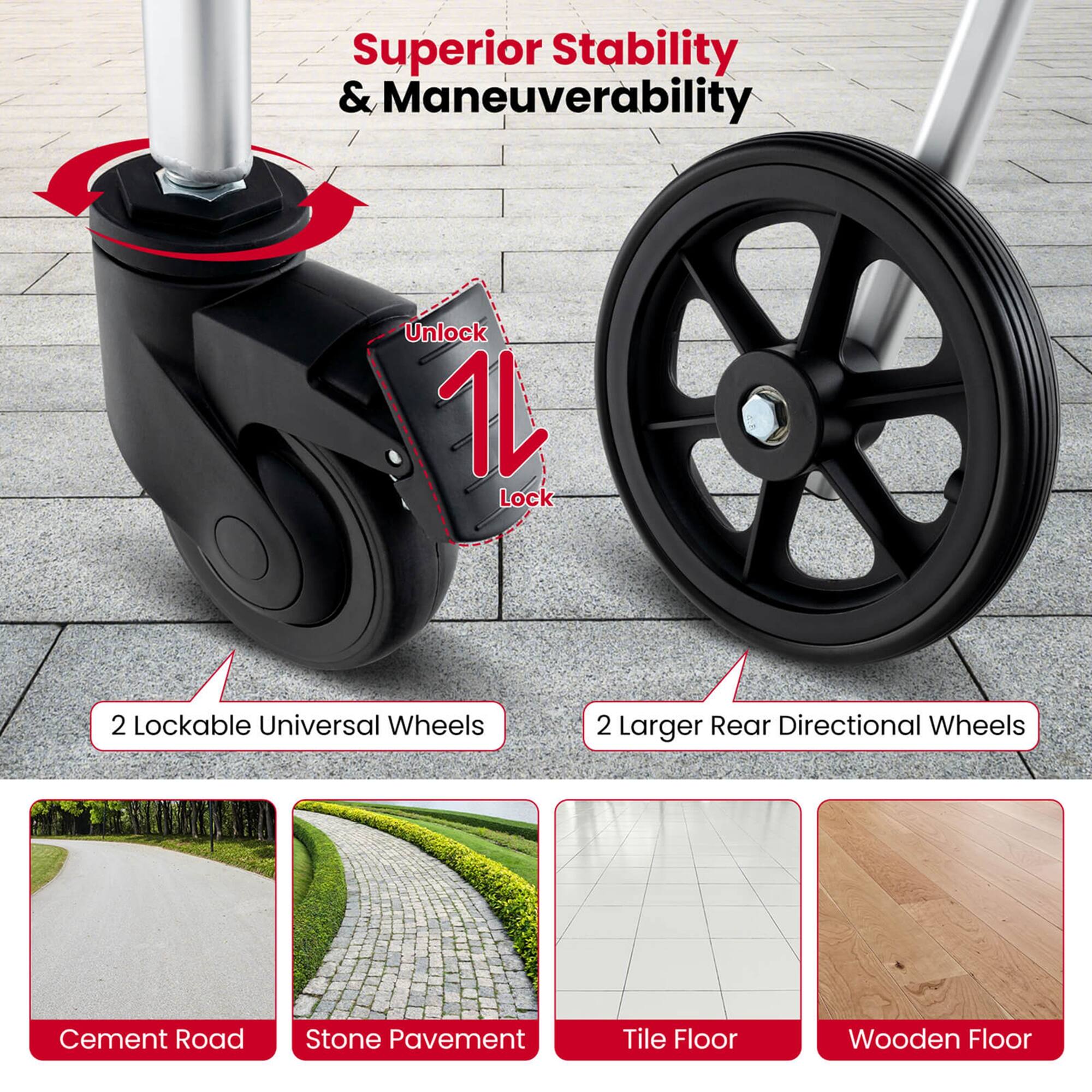 Superior Stability & Maneuverability

Unlock 1 Lock

2 Lockable Universal Wheels

2 Larger Rear Directional Wheels

Cement Road

Stone Pavement

Tile Floor

Wooden Floor
