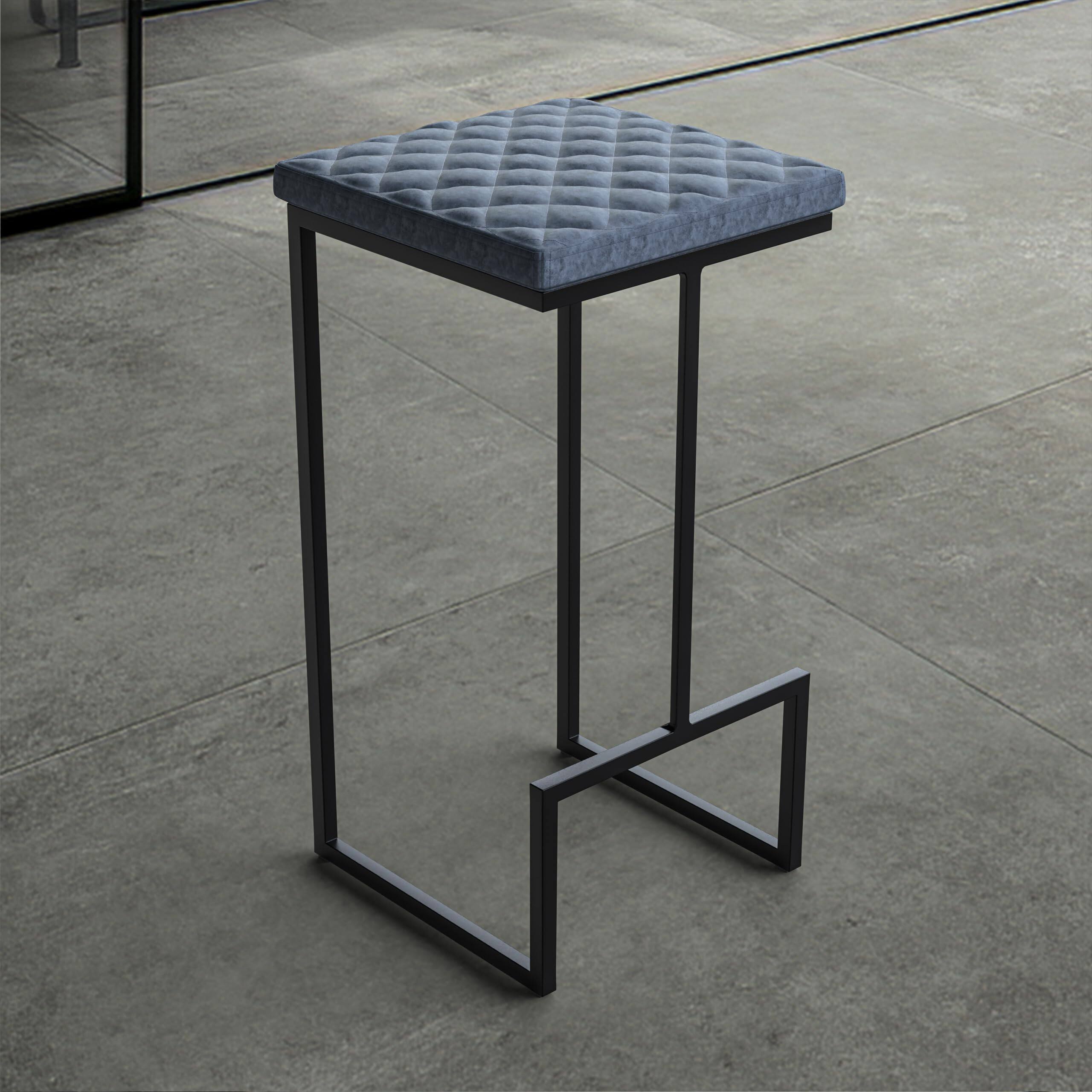 Angle. LeisureMod - Quincy Modern Quilted Leather Bar Stool with Black Metal Frame Counter Height Chair for Kitchen and Counter Seating - Peacock Blue.