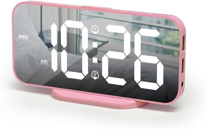 Stamp n Camp - ALANAS Digital Alarm Clock for Bedrooms - Large LED Display, Dual Alarm, Snooze, 3-Level Brightness Dimmer, USB Ports - Pink