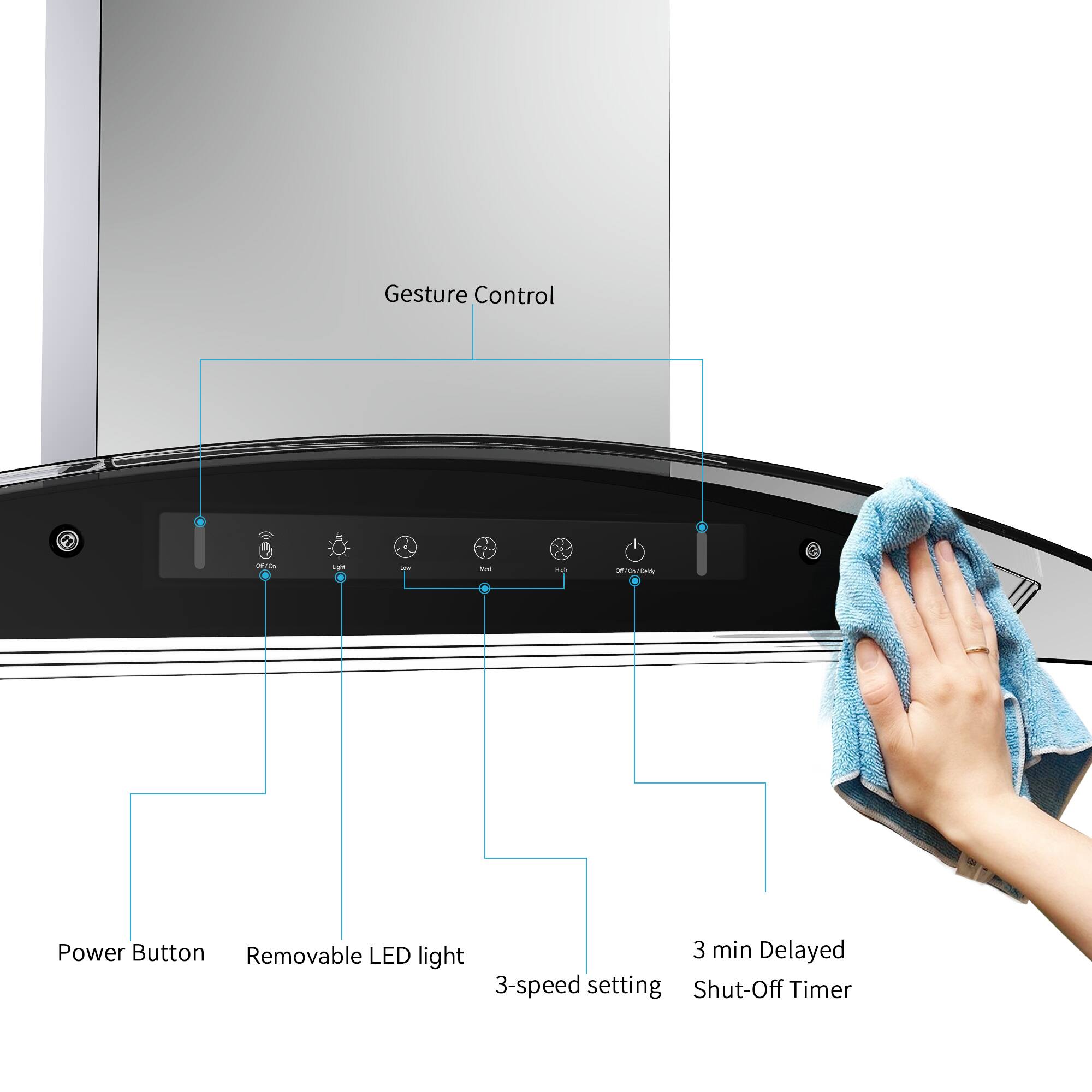 Gesture Control, Power Button, Removable LED light, 3-speed setting, 3 min Delayed Shut-Off Timer