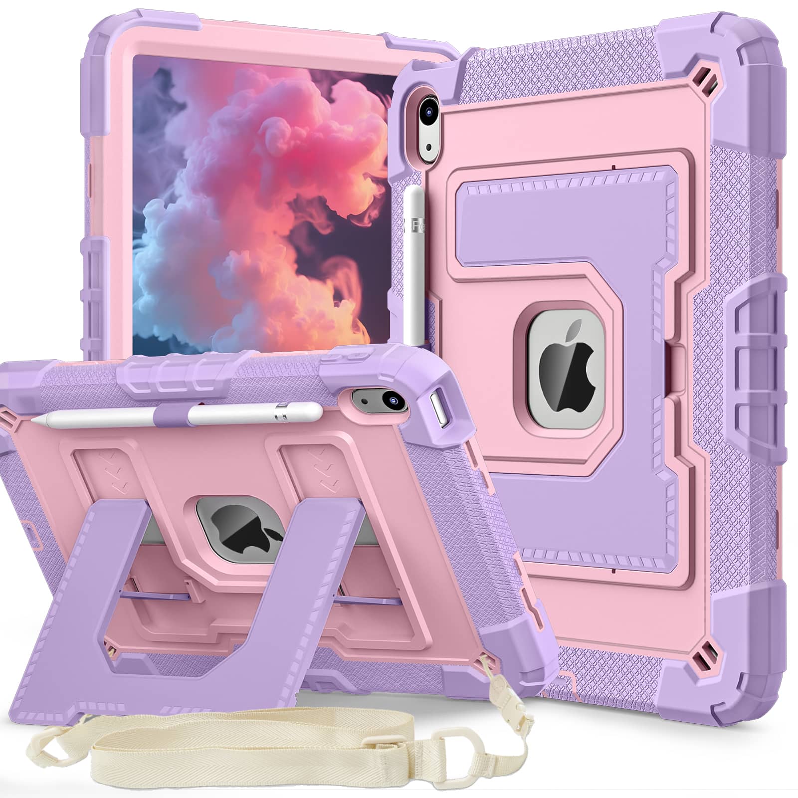 Dteck - Heavy Duty Rugged Case for Apple iPad A16 (11th Generation, 2025) with Multi-Angle Kickstand and Shoulder Strap - Purple+Pink