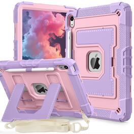 Dteck - Heavy Duty Rugged Case for Apple iPad A16 (11th Generation, 2025) with Multi-Angle Kickstand and Shoulder Strap - Purple+Pink