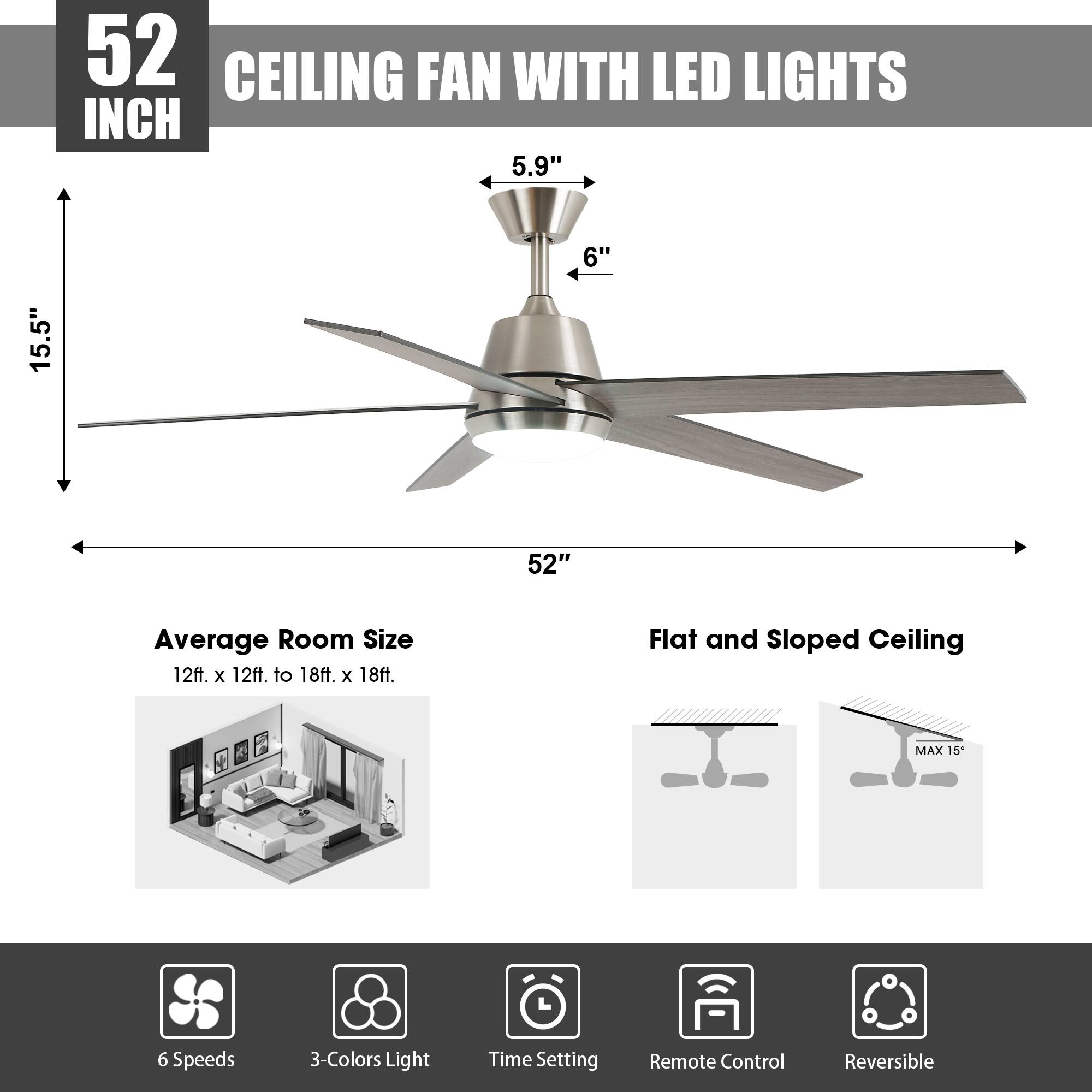 52 INCH CEILING FAN WITH LED LIGHTS

5.9"
6"
15.5"
52"

Average Room Size 12ft. X 12ft. to 18ft. X 18ft.

Flat and Sloped Ceiling
MAX 15°

6 Speeds
3-Colors Light
Time Setting
Remote Control
Reversible
