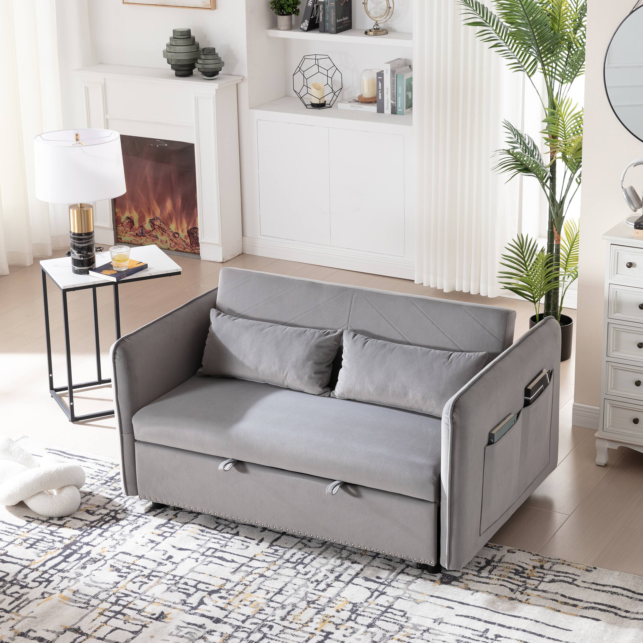 Alt View 1. Tiramisubest - 3 in 1 Convertible Sleeper Futon Sofa Bed,55" Velvet Loveseat with 2 Pillows,Reclining Backrest & Side Pockets,Gray - Grey.