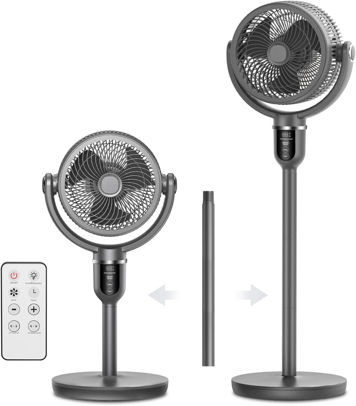 U-HOMY - Oscillating Pedestal Fan with Remote, 360° Air Circulator, Quiet DC Motor, 12 Speeds, Adjustable Height - Gray