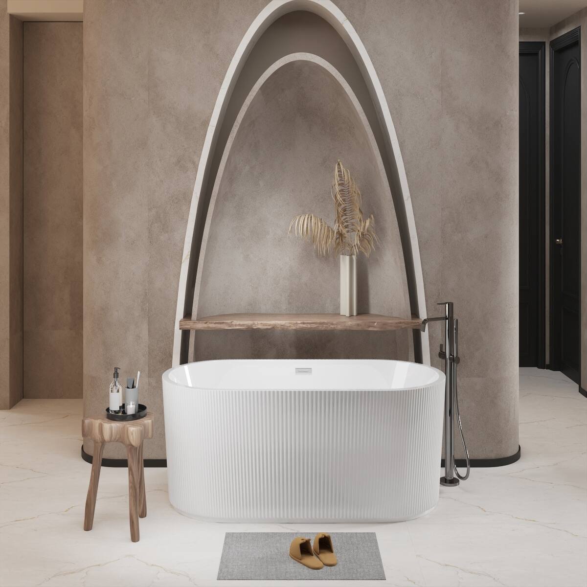 Alt View 7. Loheer - Loheer 67 Inch Freestanding Acrylic Bathtub Gloss White Oval Soaking Tub with Center Drain and Chrome Overflow - Gloss White.