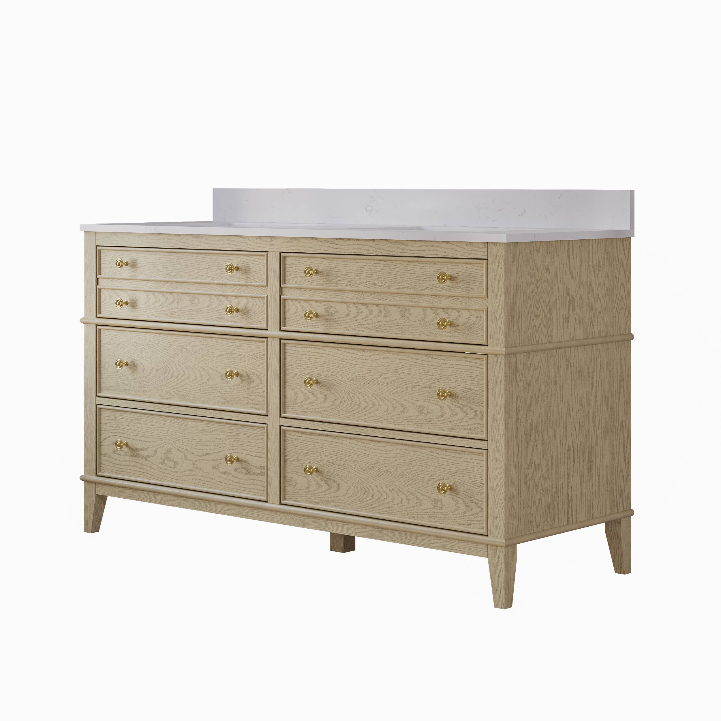 Alt View 8. WELLFOR - MEGAN 60 in. Freestanding Solid Wood Bath Vanity with Quartz Top, Double Sink, Soft Close, Assembled - OAK.