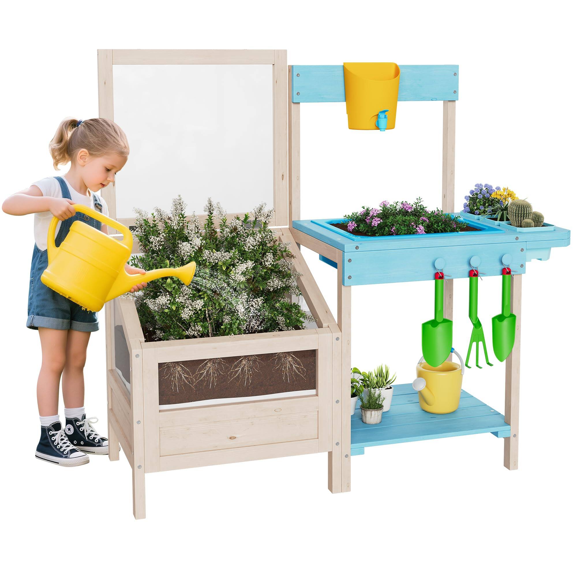 Front. Acekool - Outdoor Wooden Mud Kitchen for Kids with Garden Bed, Planter Box, Sink, Faucet, Gardening Tools & Storage Shelf Playset - Blue.