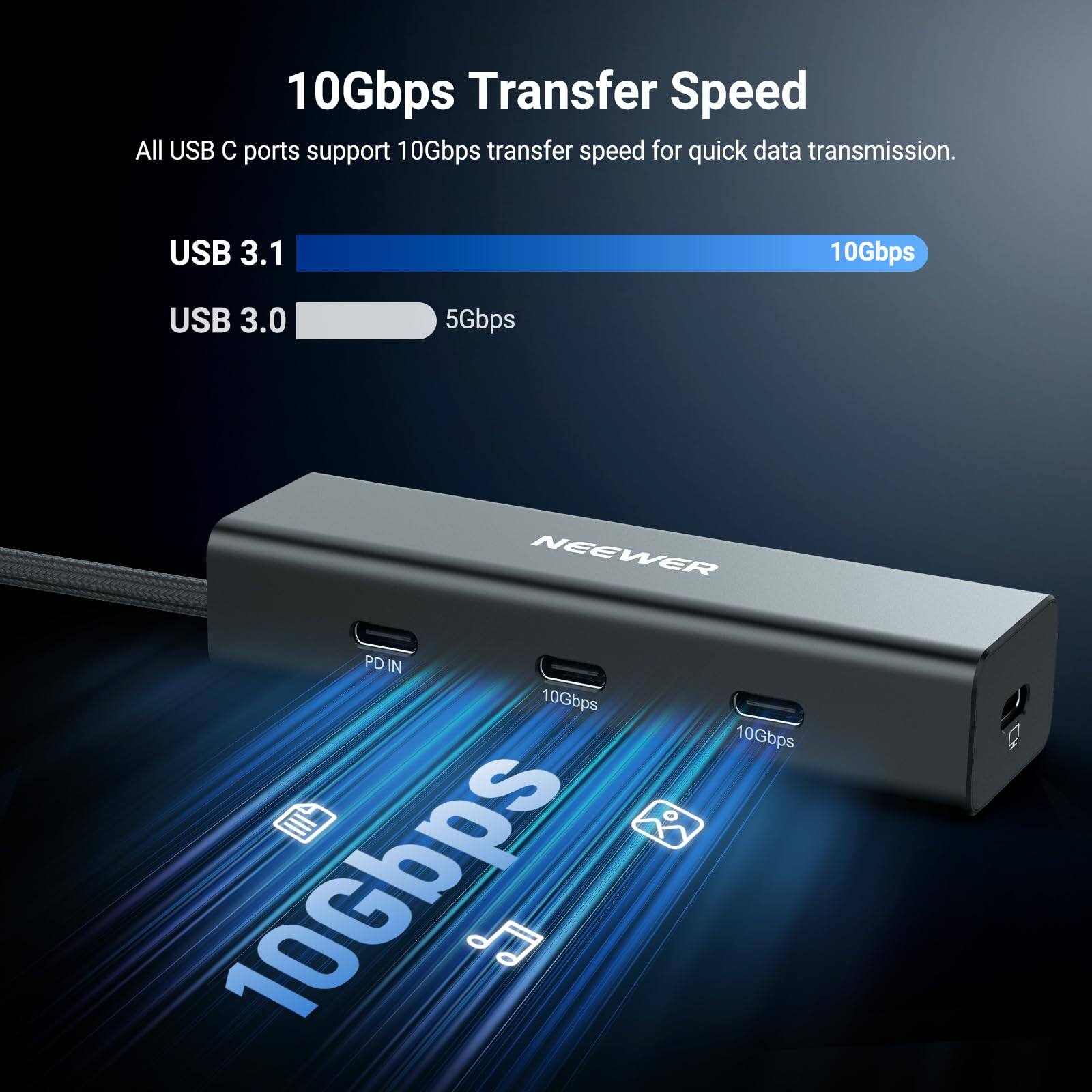 10Gbps Transfer Speed

All USB C ports support 10Gbps transfer speed for quick data transmission.

USB 3.1 10Gbps
USB 3.0 5Gbps

NEEWER

PD IN

10Gbps
10Gbps