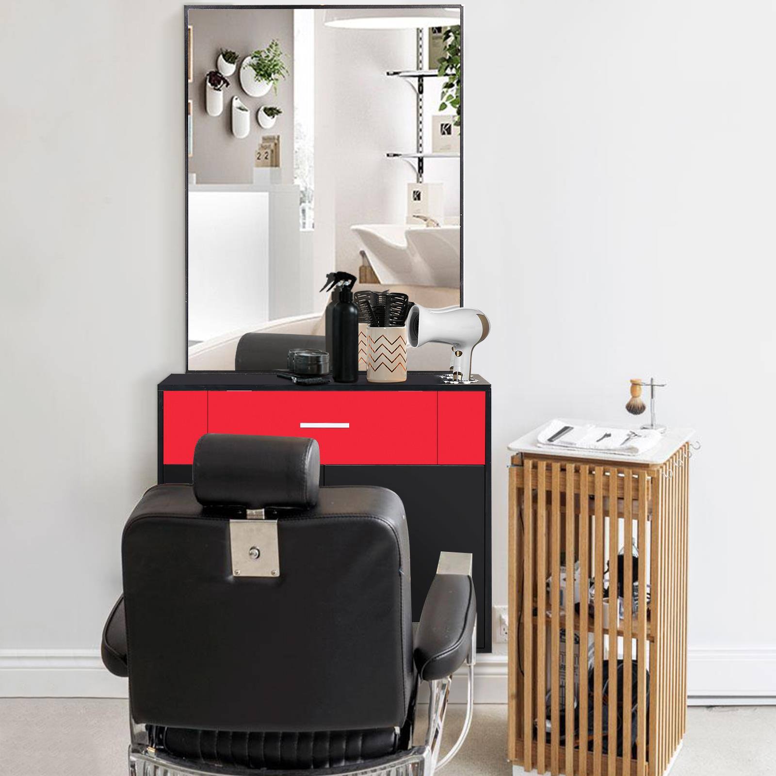 Alt View 7. Winado - Wall Mount Salon Cabinet Barber Stations with Mirror Barber Beauty Spa Equipment - Black & Red.